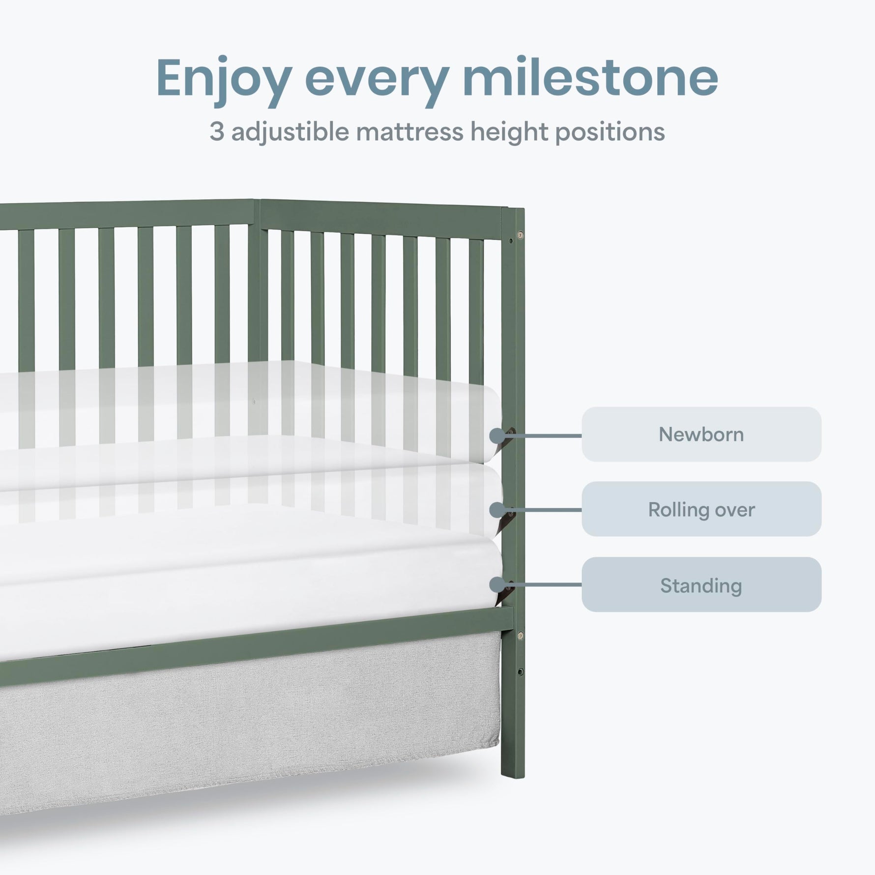 Dream On Me Synergy 5-in-1 Convertible Full-Size Baby Crib with Toddler, Day & Full Bed Conversion in White, GreenGuard Gold & BSA, 3 Mattress Heights, Sustainable Pinewood