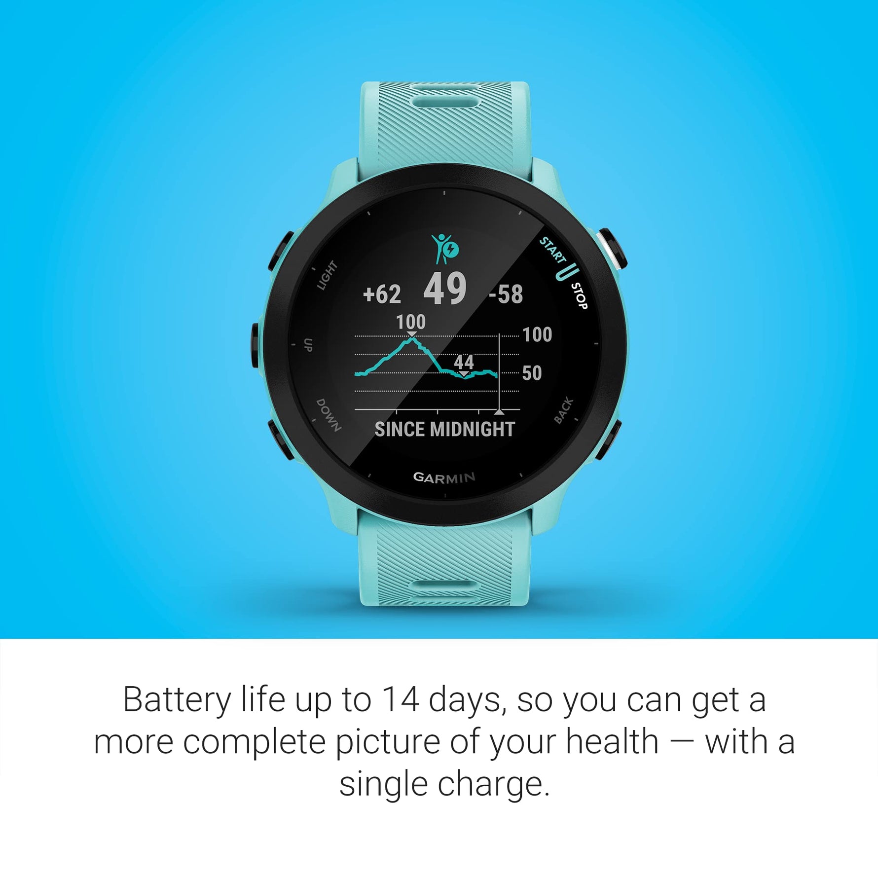 Garmin Forerunner 55, GPS Running Watch with Daily Suggested Workouts, Up to 2 Weeks of Battery Life, Aqua