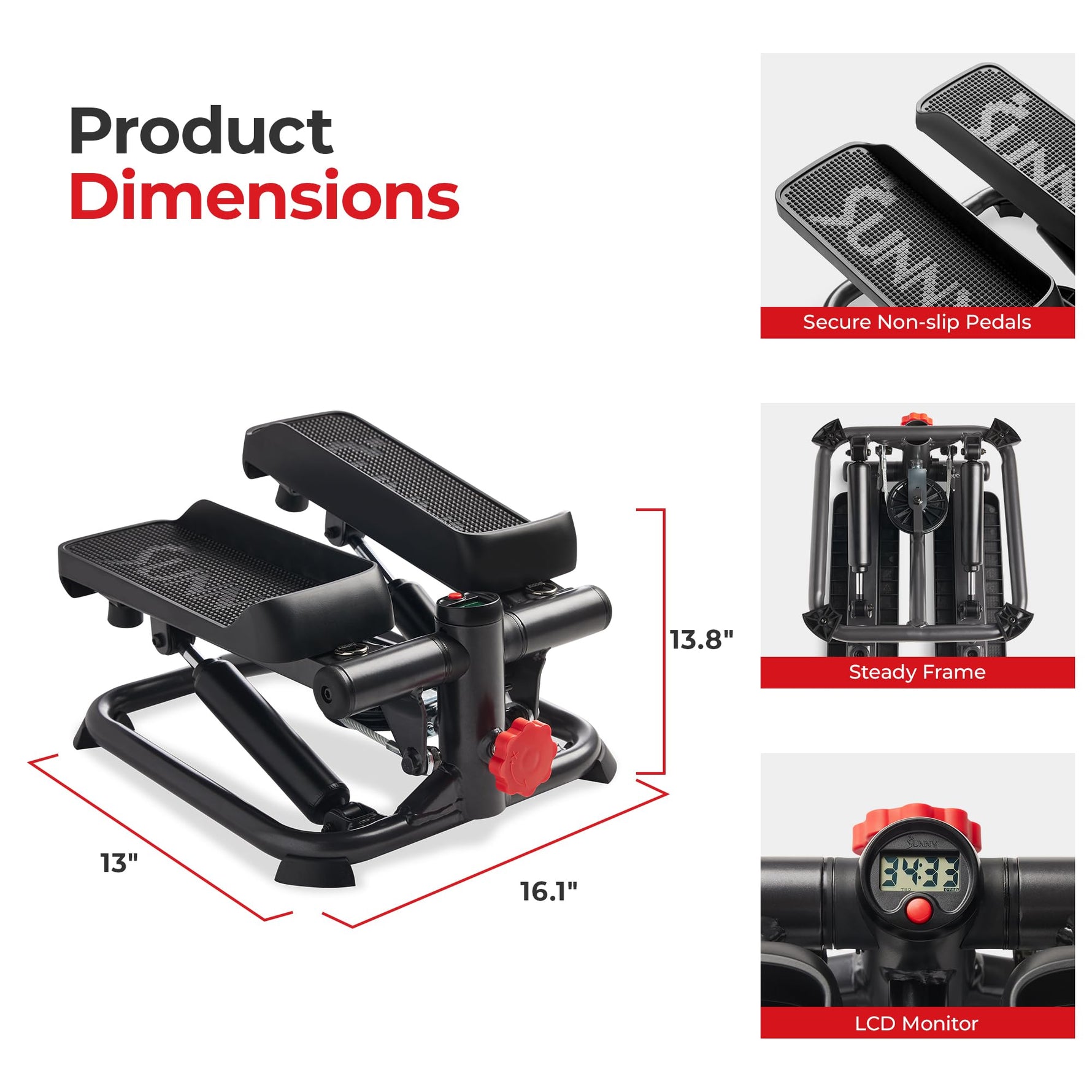 Sunny Health & Fitness Mini Steppers with Digital Monitor and Resistance Bands, Compact Low-Impact Cardio Machines for Home Workouts
