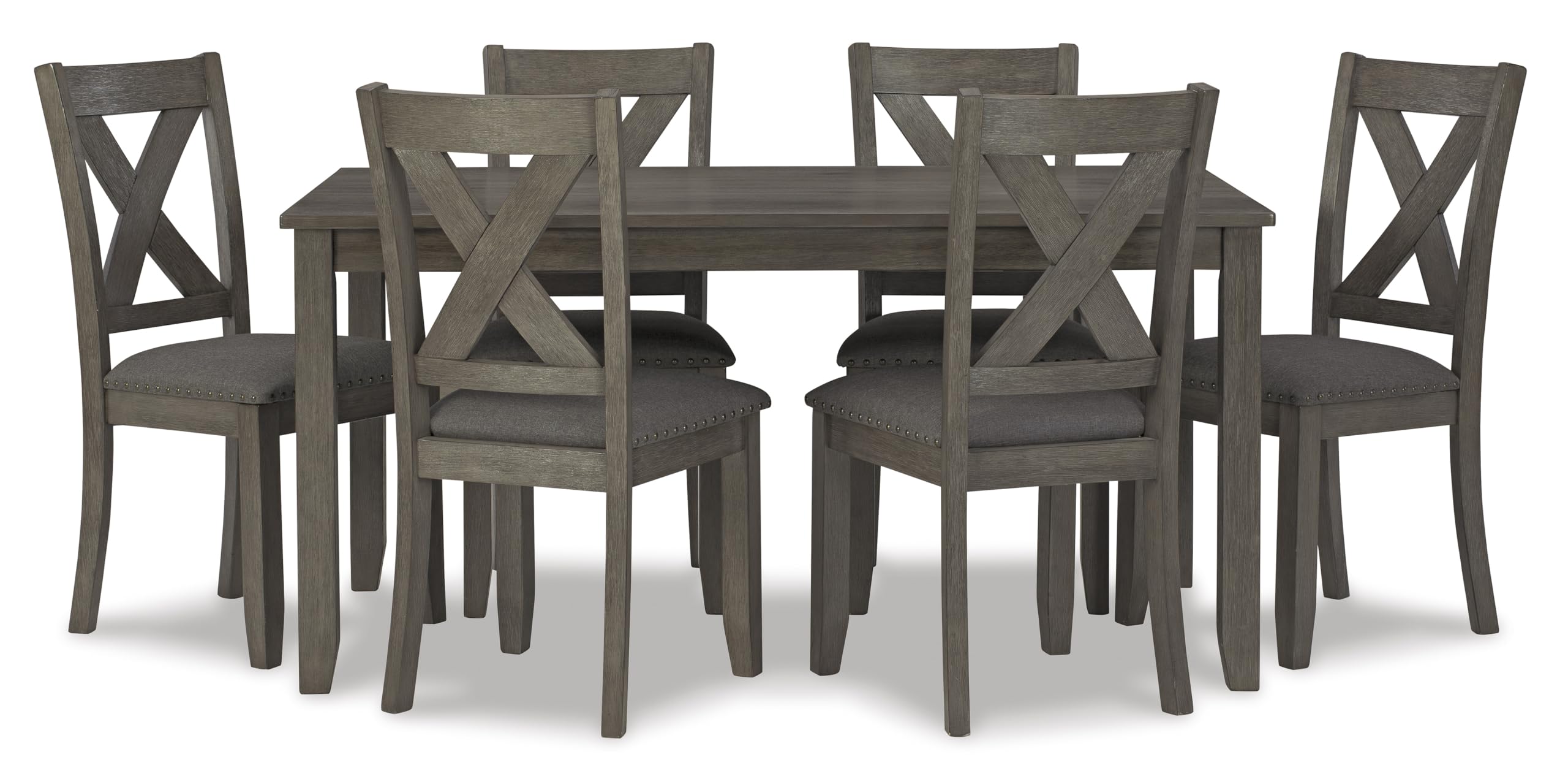 Signature Design by Ashley Caitbrook Rustic 7-Piece Dining Set – Rectangular Table with 6 X-Back Upholstered Chairs, Gray