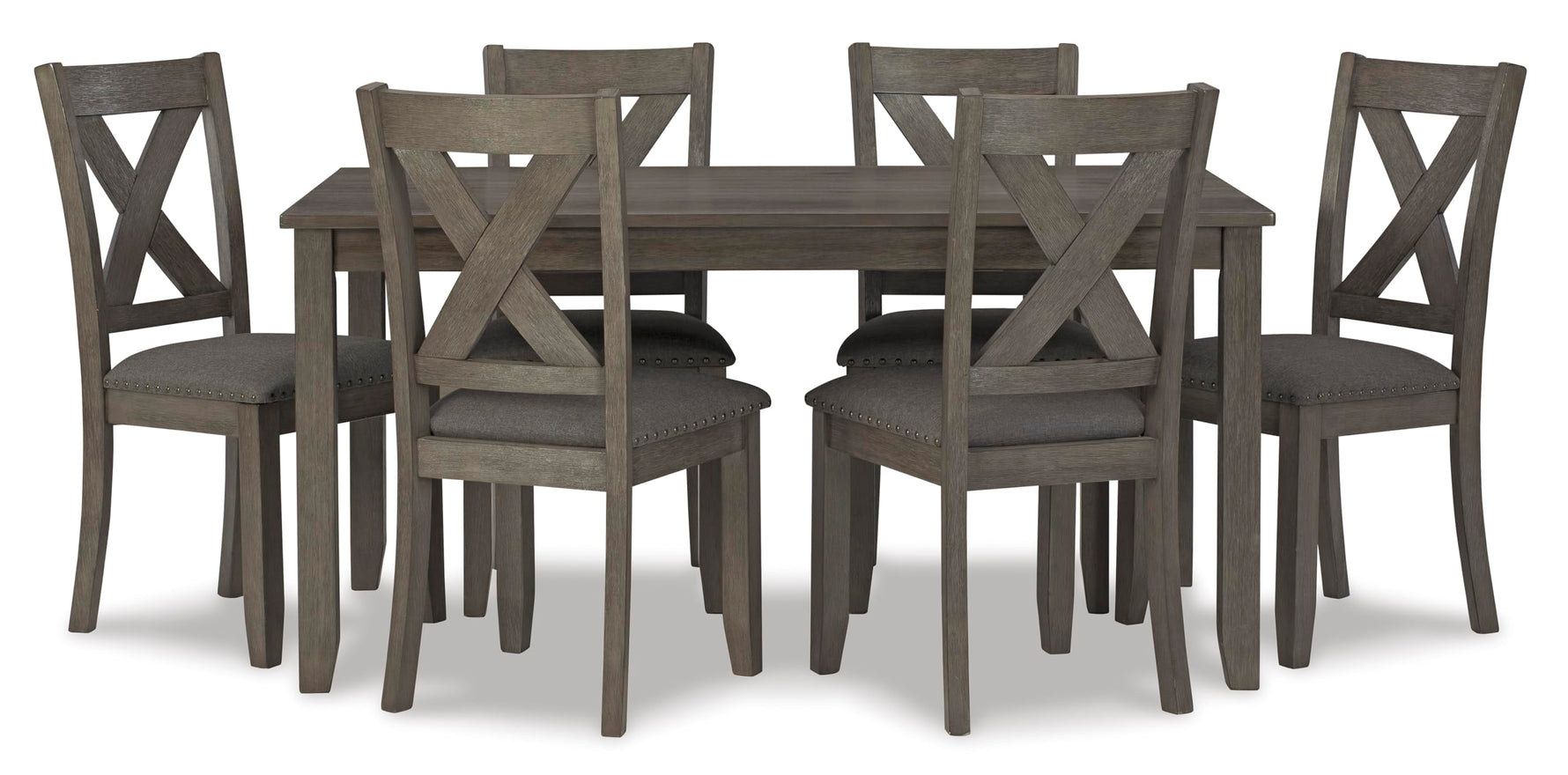 Signature Design by Ashley Caitbrook Rustic 7-Piece Dining Set – Rectangular Table with 6 X-Back Upholstered Chairs, Gray