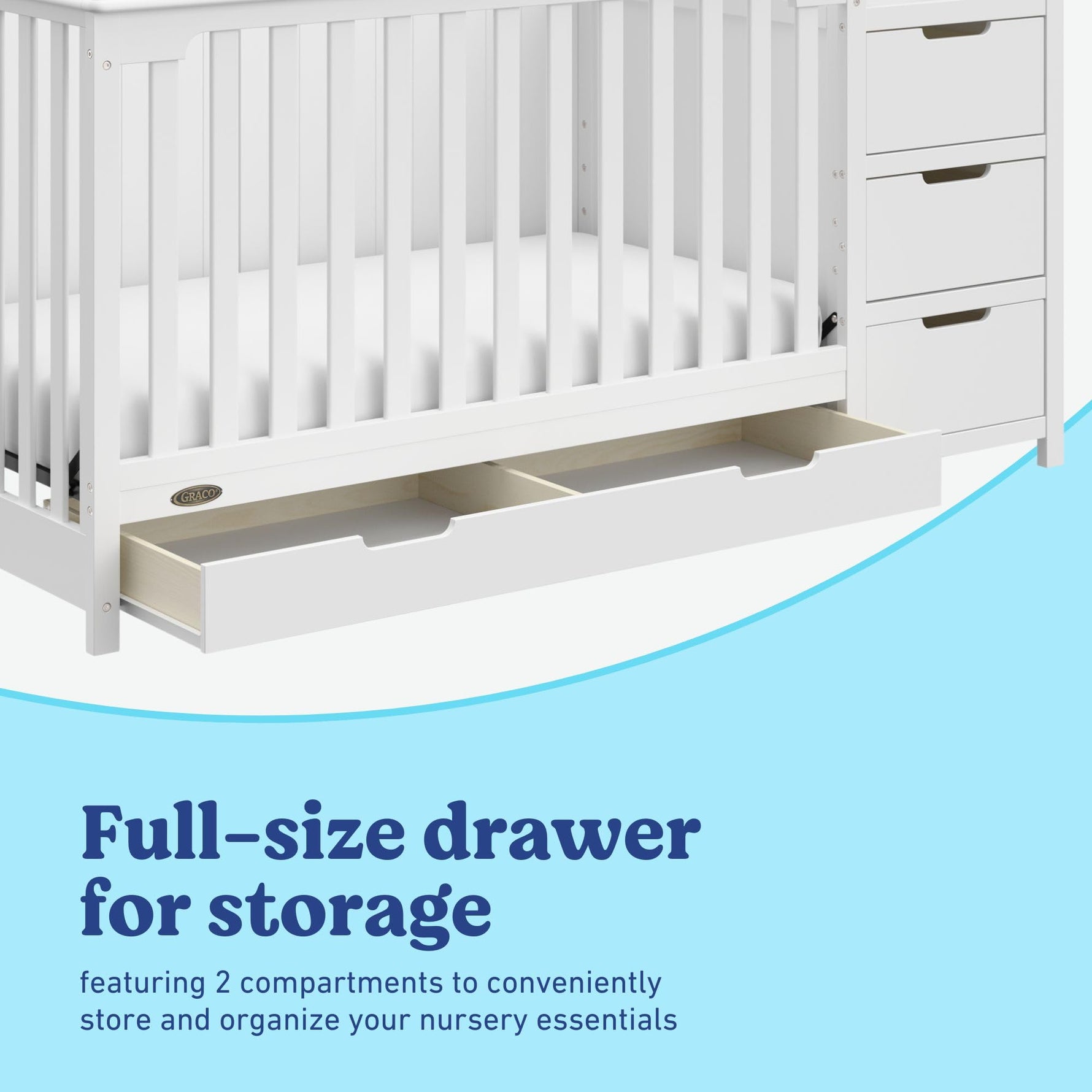 Graco Hadley 5-in-1 Convertible Crib with Drawer – GREENGUARD Gold Certified, Fits Standard Crib Mattress, Converts to Toddler Bed, Daybed and Full Bed, 4 Adjustable Mattress Heights (White)