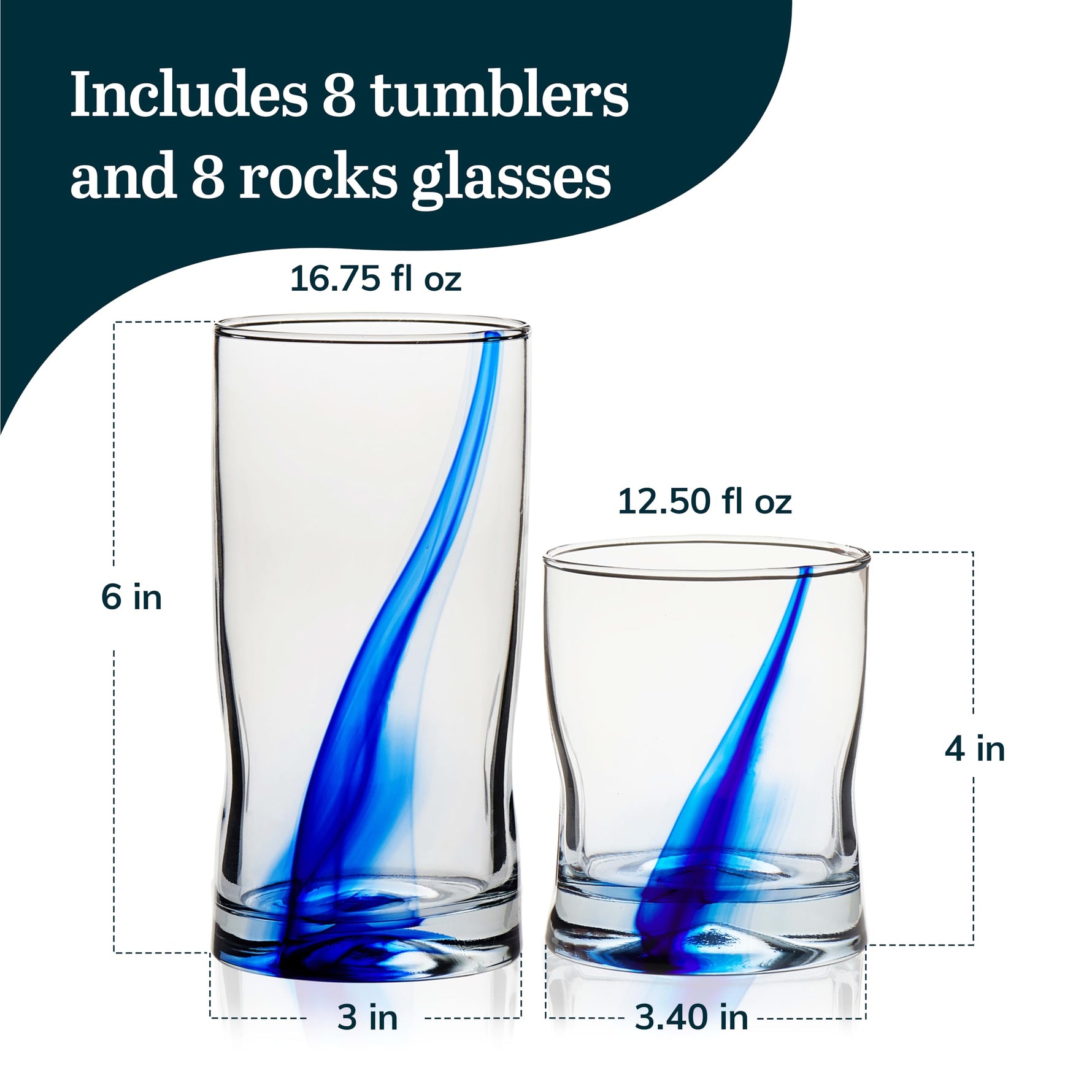Libbey Blue Ribbon 16 Piece Tumbler and Rocks Glass Set, Infused Blue Ribbon Drinkware Glasses Set, Artisan Inspired Four-Dimple Shaped Rock Glasses, Dishwasher Safe Tumbler Glasses Set