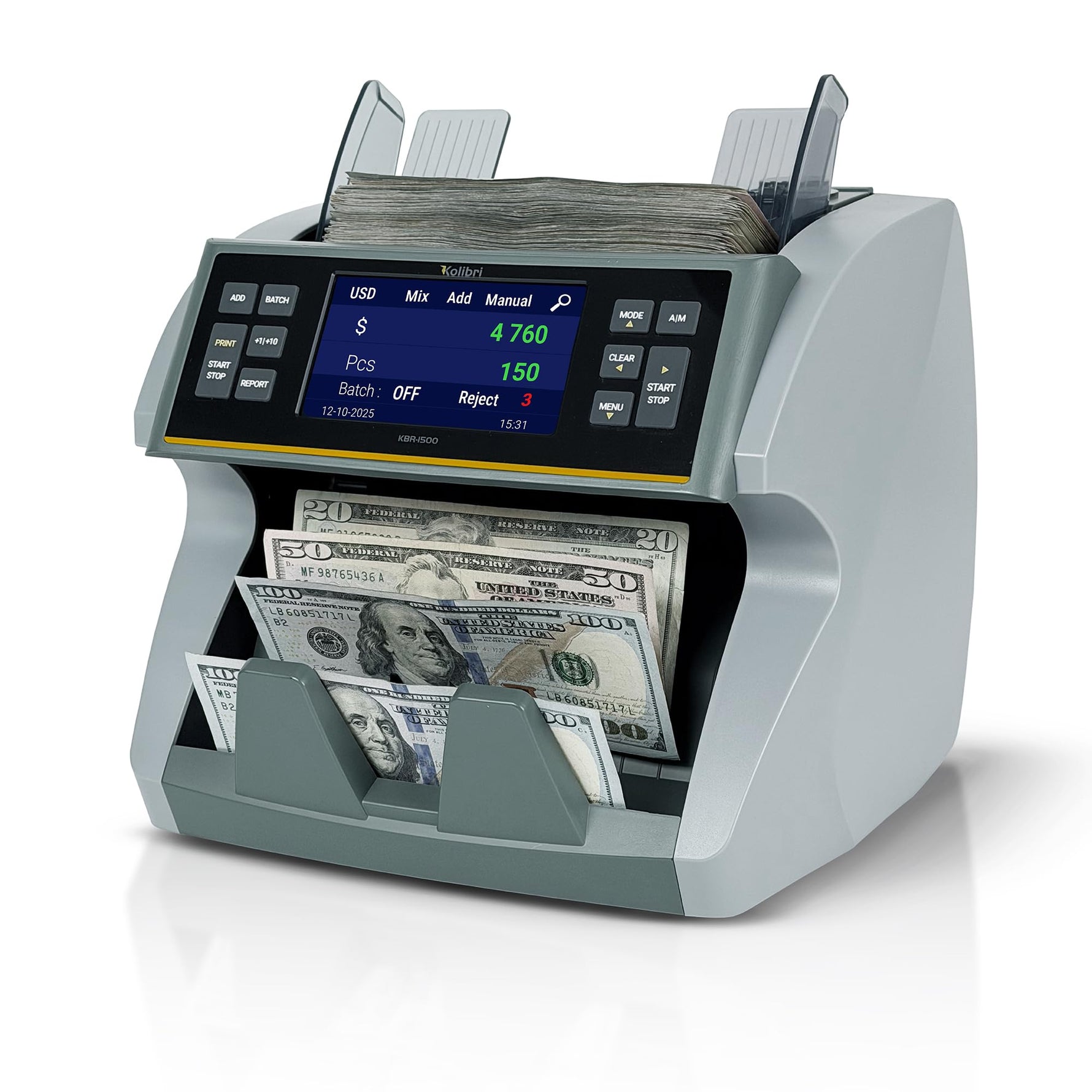 KOLIBRI Money Counter Machine I LCD Display I Business Grade I Advanced IR/UV/MG/MT/DD/HLF Detection I Mixed Denomination (USD) I 1,200 Notes/Min I 3-Year Warranty I KBR-1500 V2