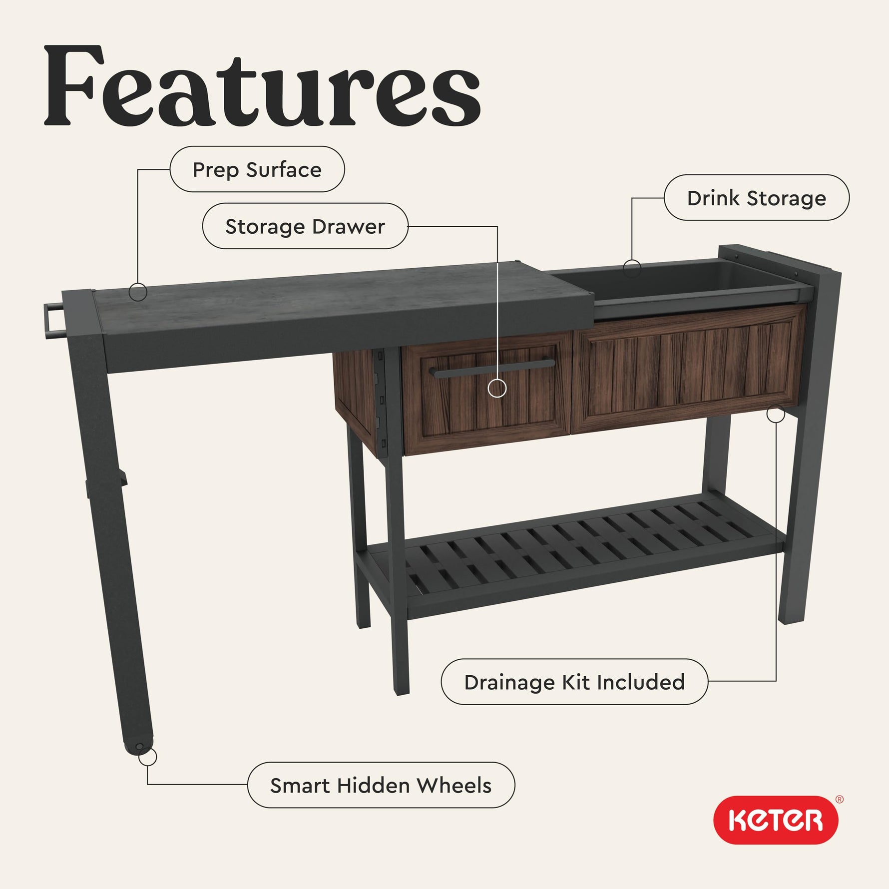 Keter Unity XL Portable Outdoor Table with Stainless Steel Top for Kitchen Prep and Outdoor Storage Cabinet for Grilling Accessories, Dark Grey