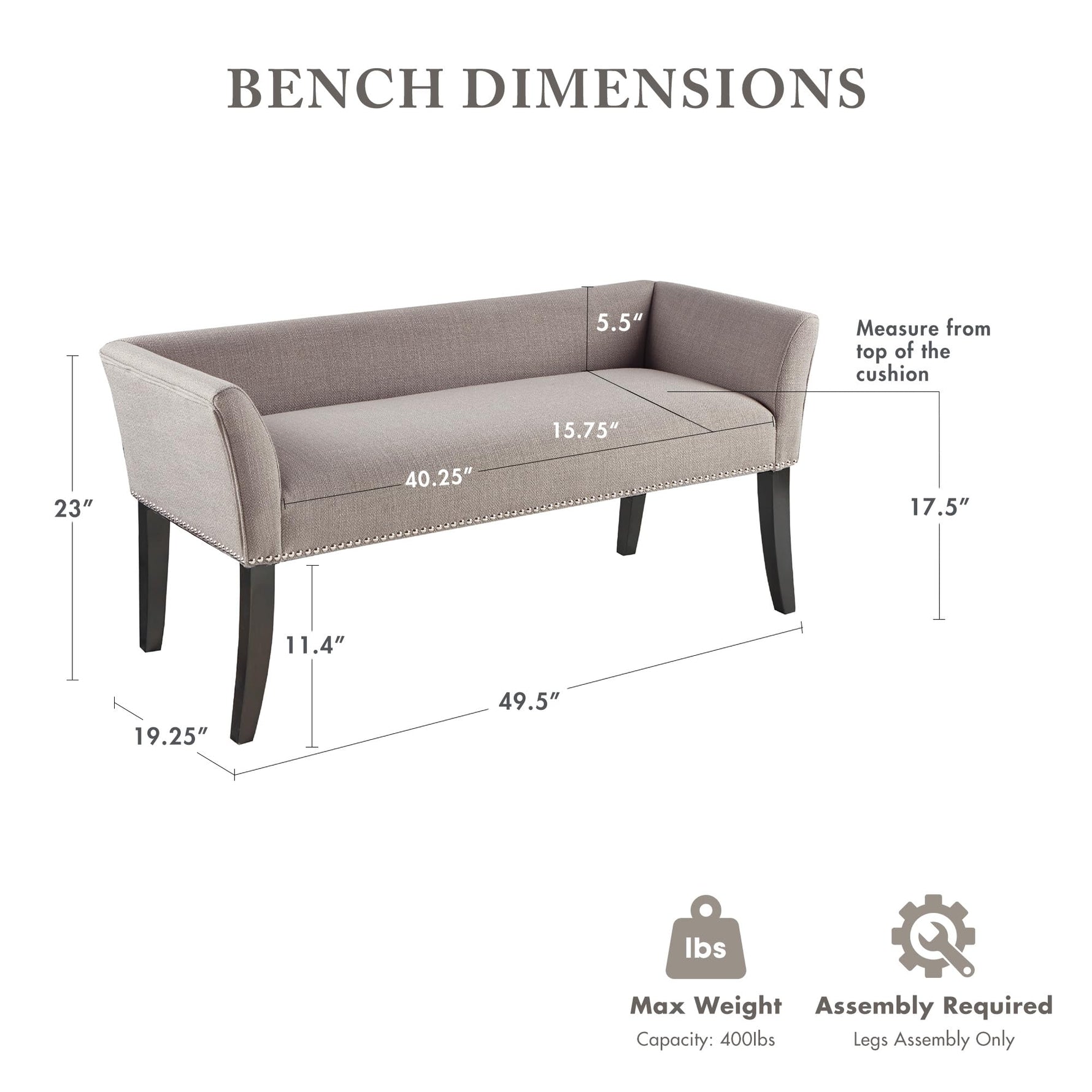 Madison Park Accent Bench, Upholstered with Nailhead Trim, & Padded Seat Entryway Bench Small, End of Bed Bench with Back, 49.5" W x 19.25" D x 23" H, Grey