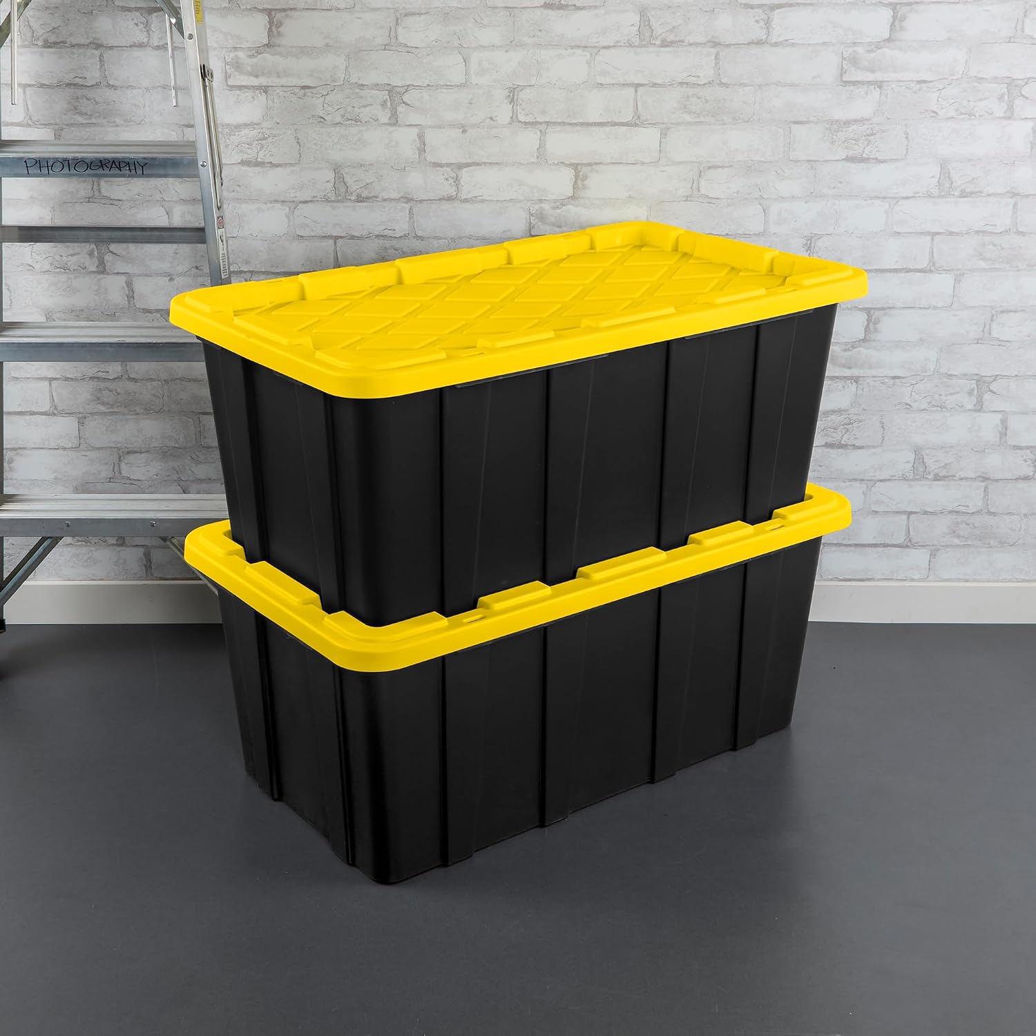 Sterilite Industrial Storage Tote with Lids for Garage, 27 Gallon, 4-Pack | Heavy-Duty and Stackable Utility Box Containers for Home, Office, and Basement Organization, Black/Yellow