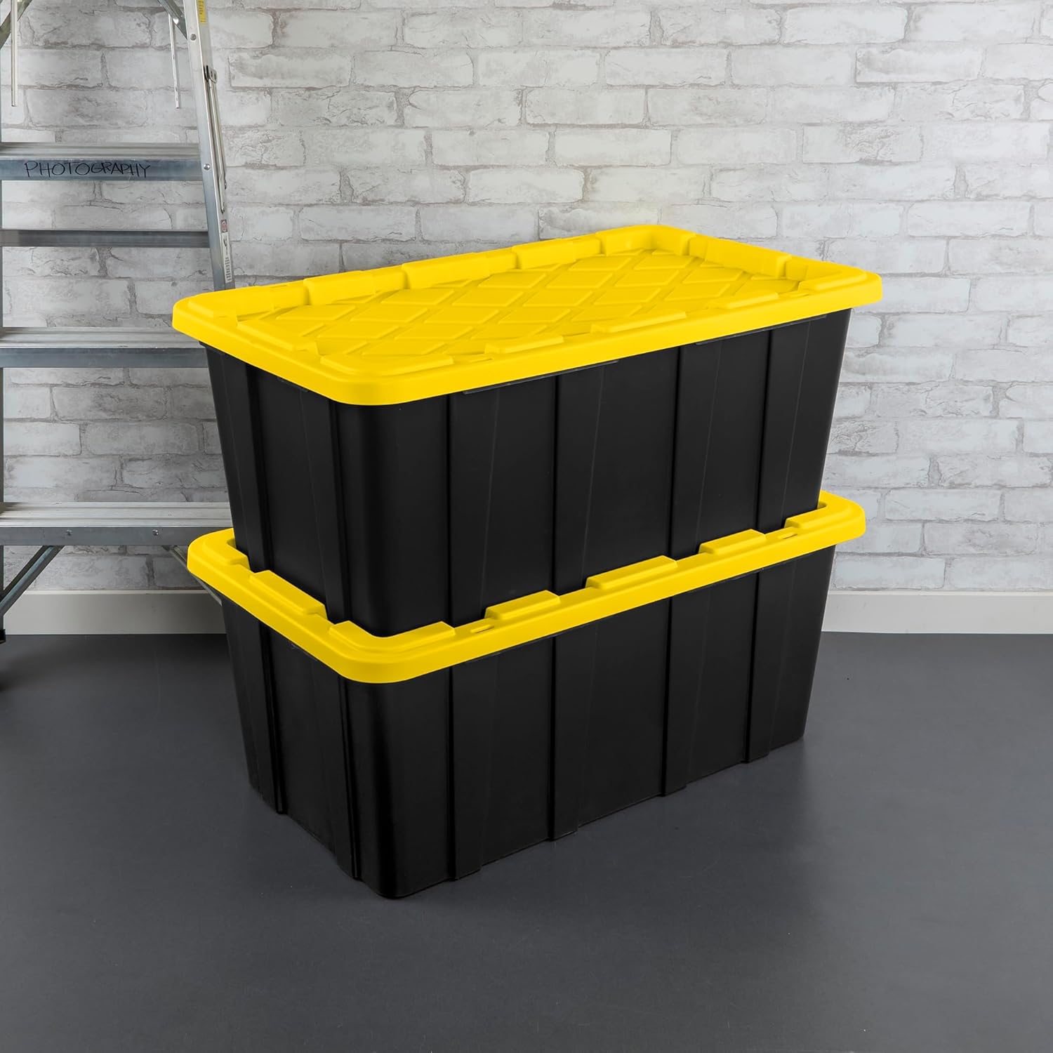 Sterilite Industrial Storage Tote with Lids for Garage, 27 Gallon, 4-Pack | Heavy-Duty and Stackable Utility Box Containers for Home, Office, and Basement Organization, Black/Yellow