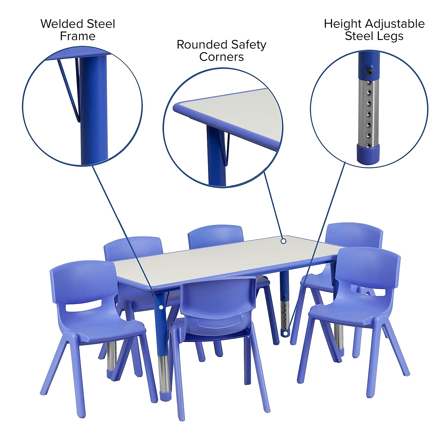 Flash Furniture Emmy Adjustable Classroom Activity Table with 6 Stackable Chairs, Plastic Activity Table for Kids, 23.625" W x 47.25" L, Blue/Gray