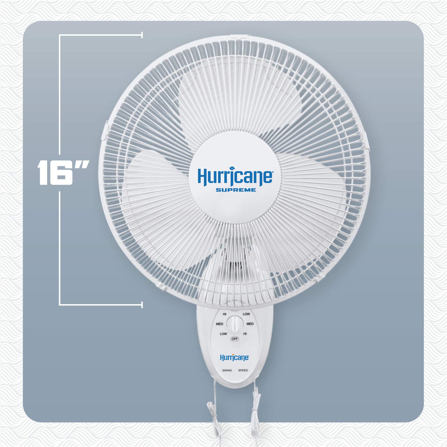 Hurricane 16" Supreme Oscillating Wall Mount Fan w/ 3 Quiet Speeds, White - Corded Electric Air Cooling Unit w/ Easy Pull Cord Controls for Homes, Greenhouses, Garages, Workshops & Gyms