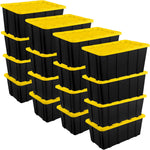 Sterilite Industrial Storage Tote with Lids for Garage, 27 Gallon, 4-Pack | Heavy-Duty and Stackable Utility Box Containers for Home, Office, and Basement Organization, Black/Yellow