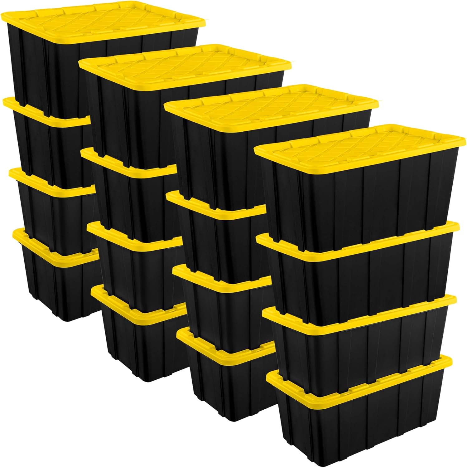 Sterilite Industrial Storage Tote with Lids for Garage, 27 Gallon, 4-Pack | Heavy-Duty and Stackable Utility Box Containers for Home, Office, and Basement Organization, Black/Yellow