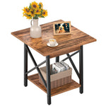 GreenForest End Table 24 inch for Living Room, Large Square Side Tables with X-Frame, Tall Industrial Bedside Nightstand with 2-Tier Storage, Rustic Walnut