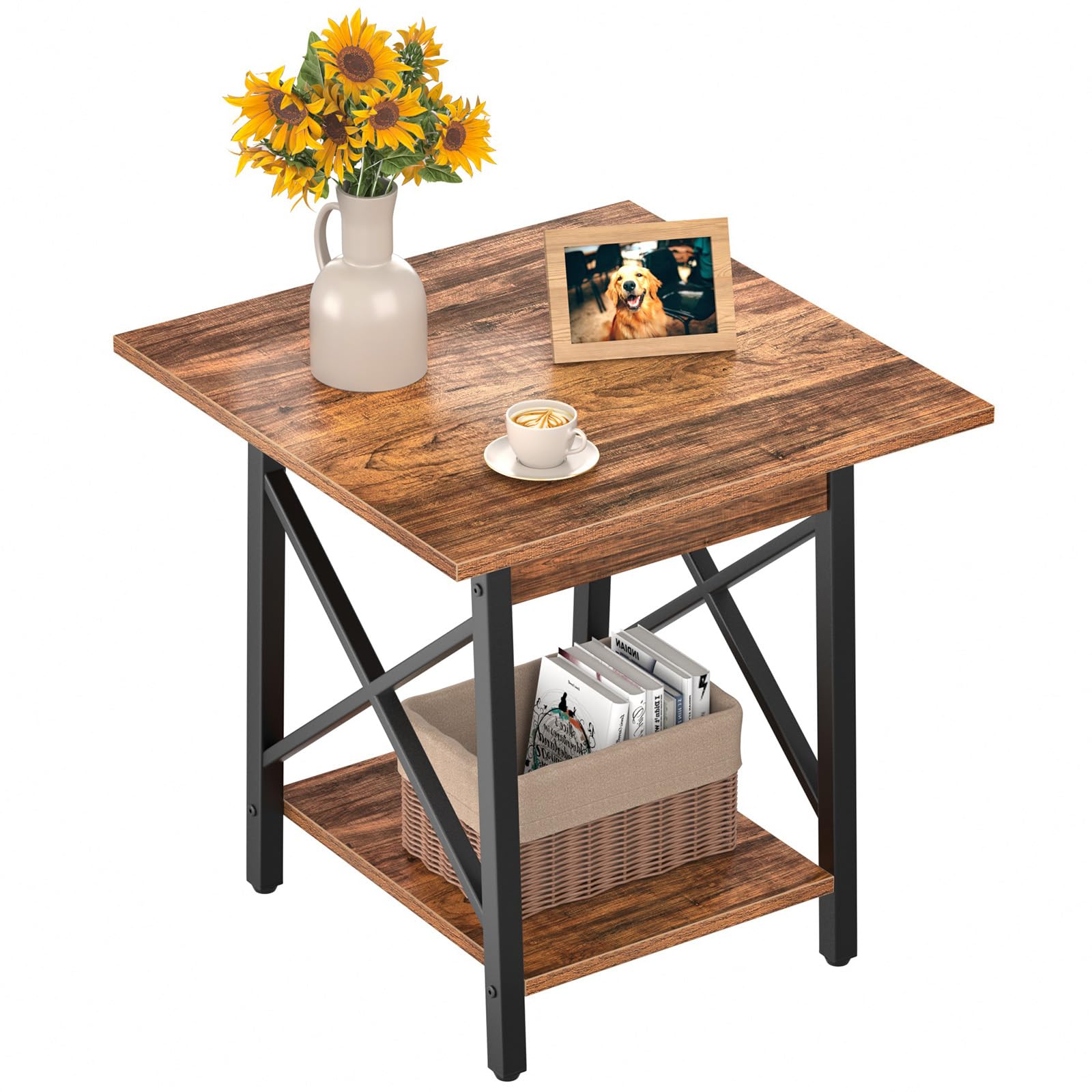 GreenForest End Table 24 inch for Living Room, Large Square Side Tables with X-Frame, Tall Industrial Bedside Nightstand with 2-Tier Storage, Rustic Walnut