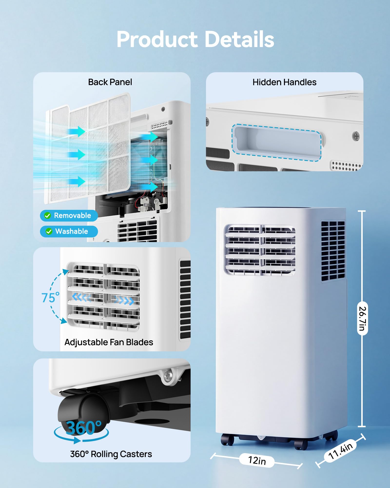 Feelfunn 8000 BTU Portable Air Conditioner, 3-in-1 Cools 350 Sq.Ft, Quiet AC with Fan & Dehumidifier, LED Display, Remote, 24H Timer, Window Kit, for Bedroom/Office/Dorms