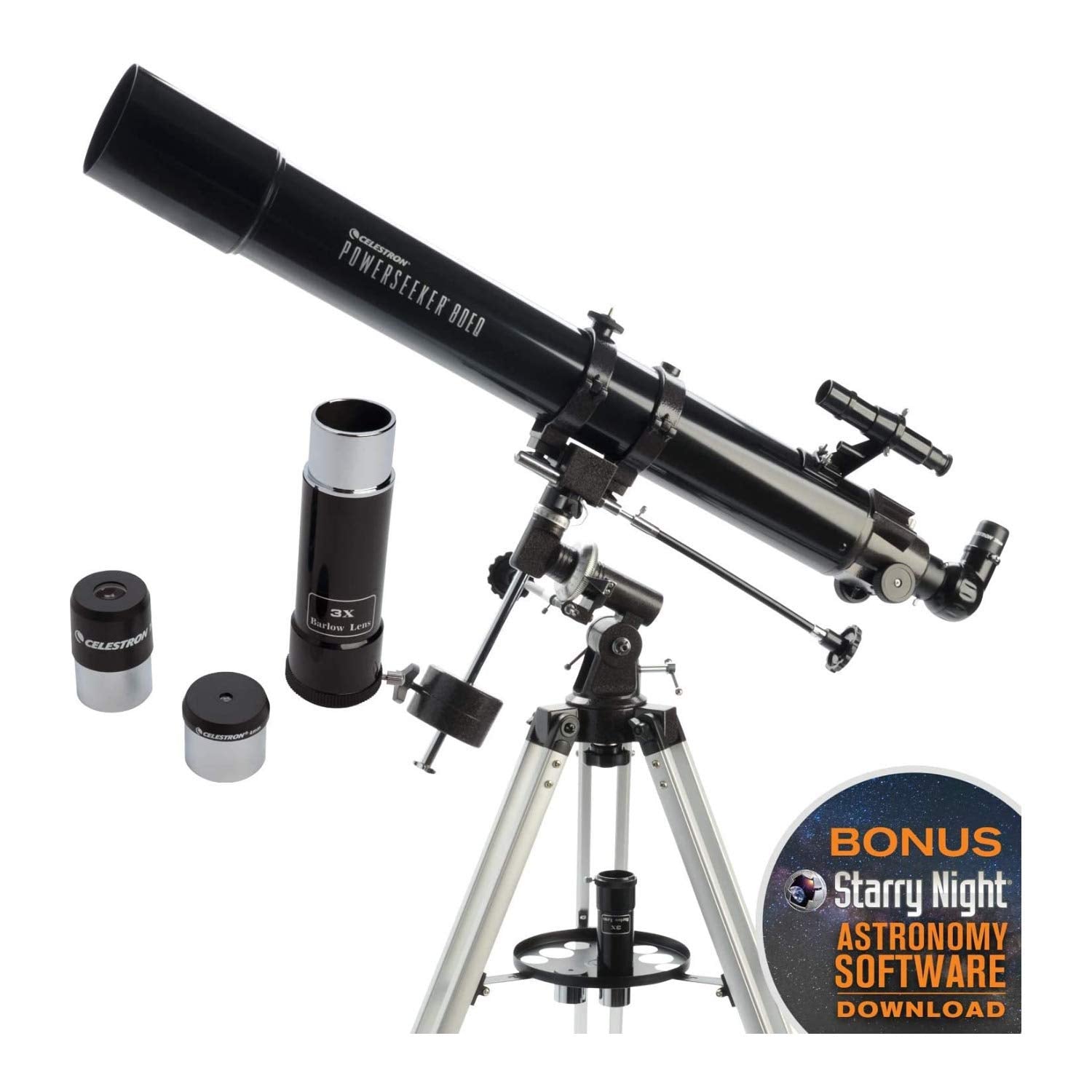 Celestron - PowerSeeker 80EQ Telescope - Manual German Equatorial Telescope for Beginners - Compact and Portable - Bonus Astronomy Software Package - 80mm Aperture
