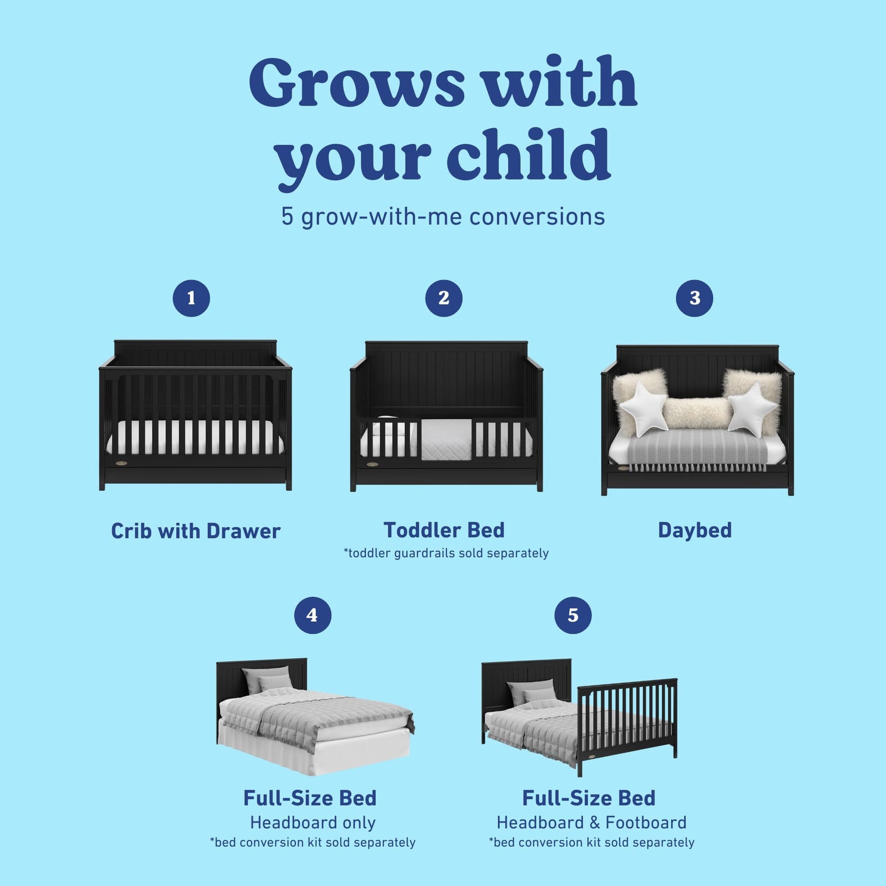Graco Hadley 5-in-1 Convertible Crib with Drawer – GREENGUARD Gold Certified, Fits Standard Crib Mattress, Converts to Toddler Bed, Daybed and Full Bed, 4 Adjustable Mattress Heights (White)