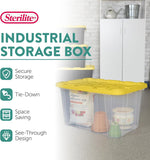 Sterilite Industrial Storage Tote with Lids for Garage, 27 Gallon, 4-Pack | Heavy-Duty and Stackable Utility Box Containers for Home, Office, and Basement Organization, Black/Yellow