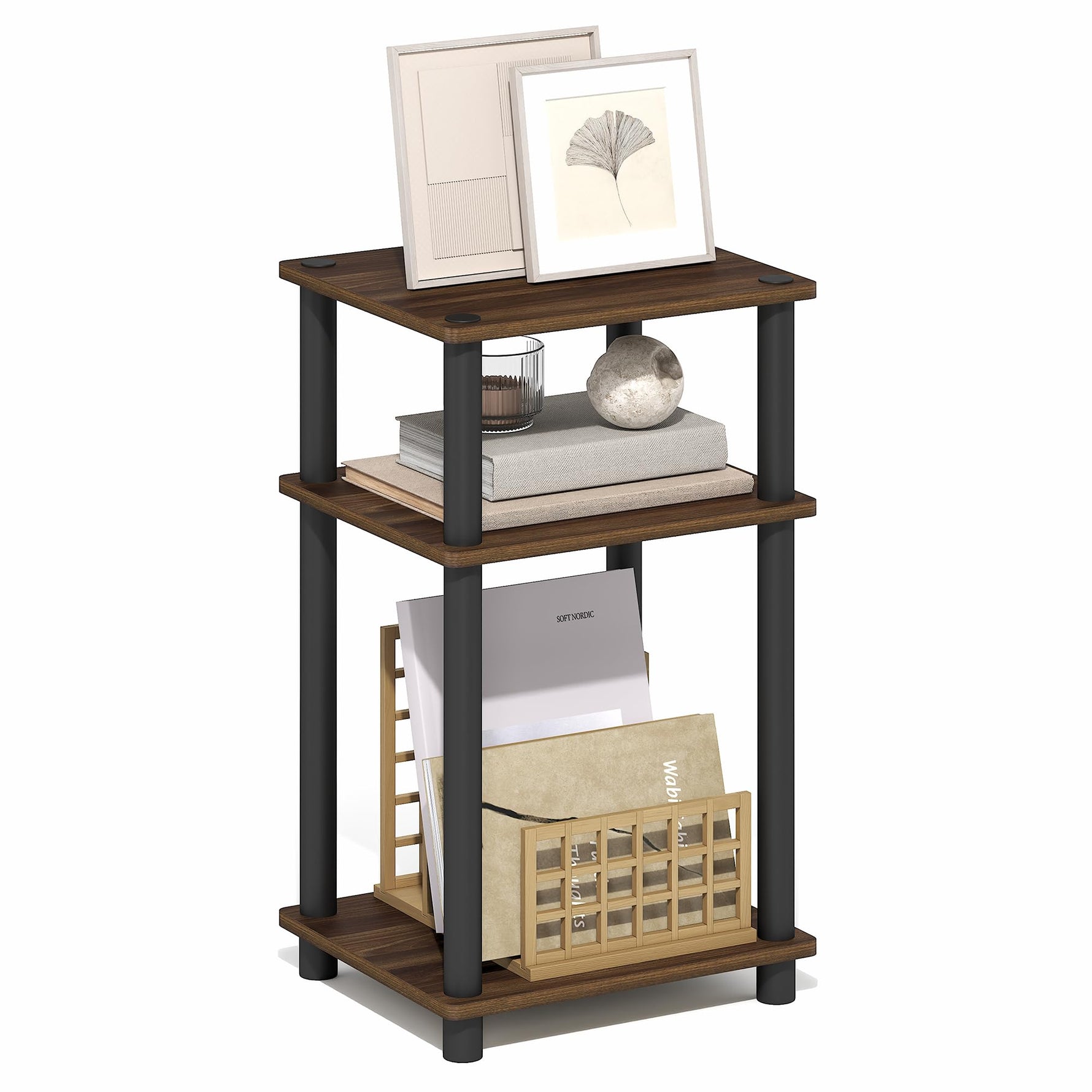 Furinno JUST Side Table, 3-Tier End Table, Open Shelves Night Stand, Bedside Table, Toolless Assembly, for Living Room, Bedroom, Bathroom, Columbia Walnut