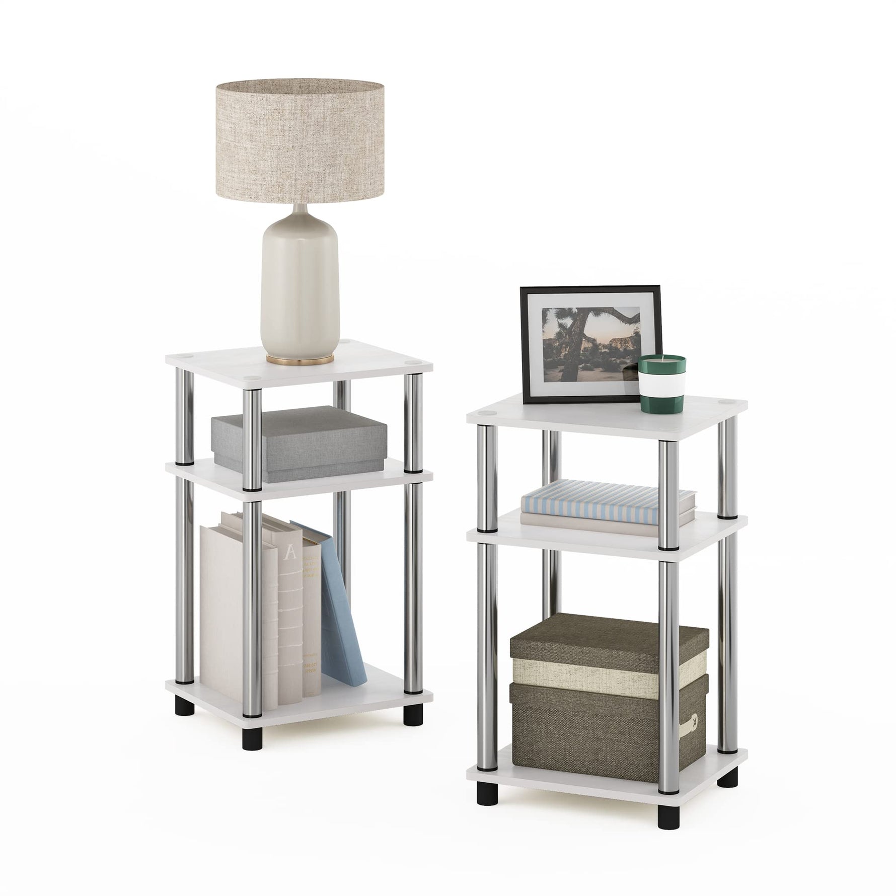 Furinno JUST Side Table, 3-Tier End Table, Open Shelves Night Stand, Bedside Table, Toolless Assembly, for Living Room, Bedroom, Bathroom, Columbia Walnut