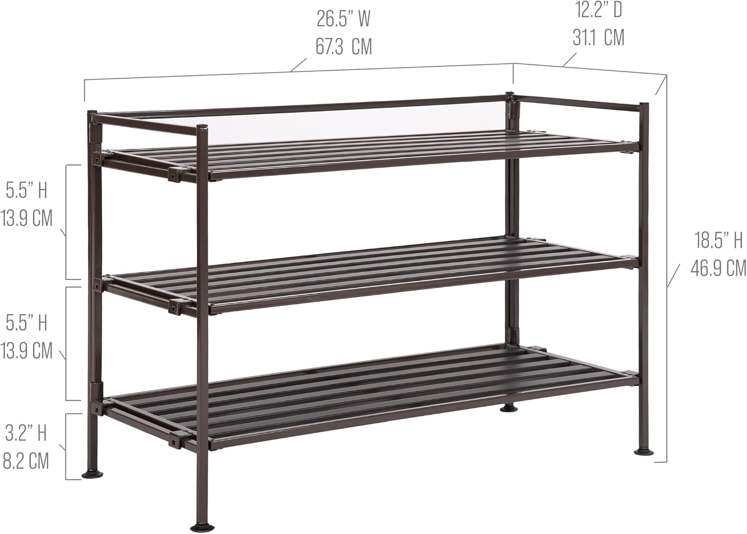 3-Tier Stackable 1" Slat Steel Frame Shoe Rack, 27.25"W x 12.75"D, Espresso | Interlocking modular design maximizes storage while the sturdy steel frame holds up to 12 pairs of shoes (Patented Design)