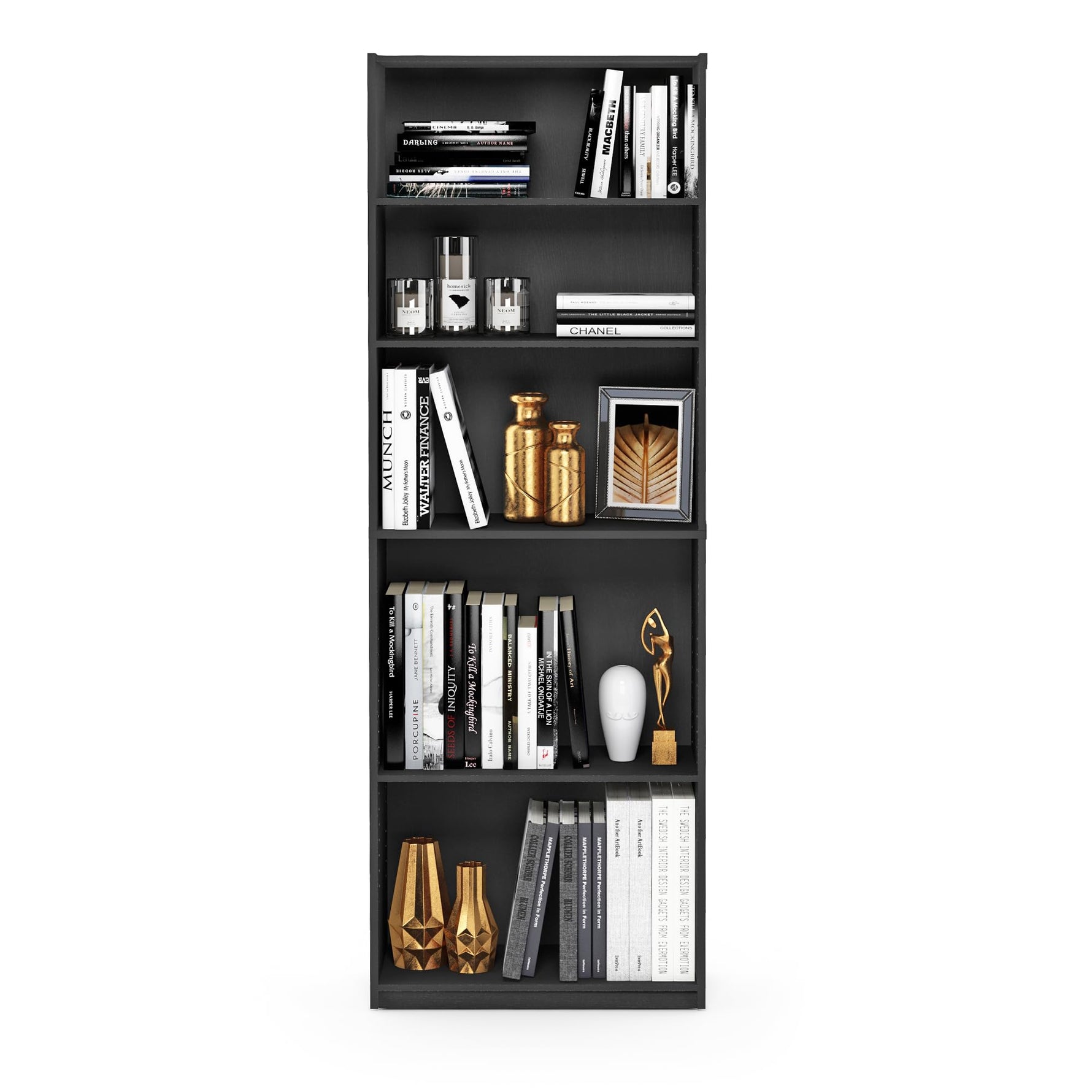Furinno Jaya Book Shelf, 5-Tier Bookshelf, Bookcase with Adjustable Shelves, 9.5 x 24.5 x 71.2, for Organization and Storage, for Living Room, Bedroom, Home Office, Blackwood
