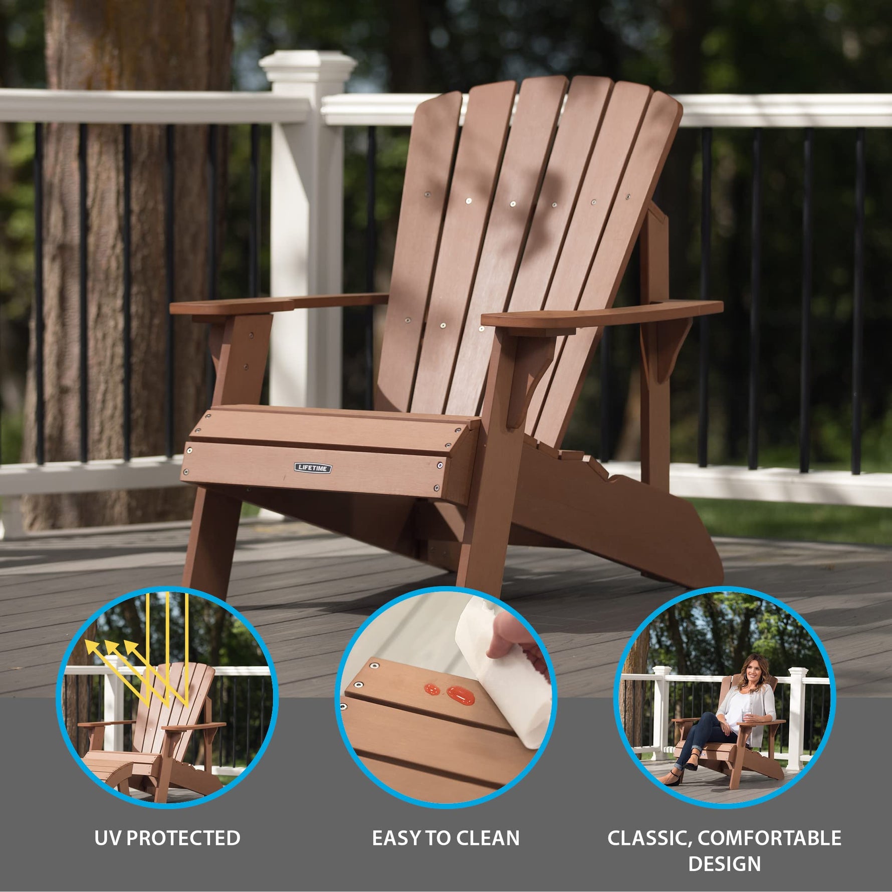 Lifetime Faux-Wood Adirondack Chair, Weather-Resistant Polystyrene, UV-Protected, 300 lb Capacity, Low-Maintenance Outdoor Seating Furniture