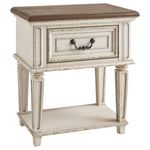 Signature Design by Ashley Realyn Traditional Cottage 1 Drawer Nightstand with Dovetail Construction & Open Display Shelf, Chipped White, 27" Tall, Distressed Brown