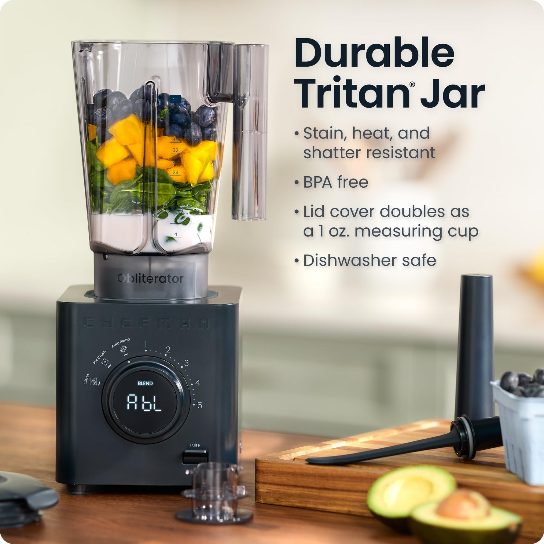Chefman Obliterator 48 oz Countertop Blender for Smoothies, 1380W Motor to Crush Ice, Nuts, and Frozen Fruit with Stainless Steel Blade, Auto Blend Function, Includes 20 oz Travel Jar
