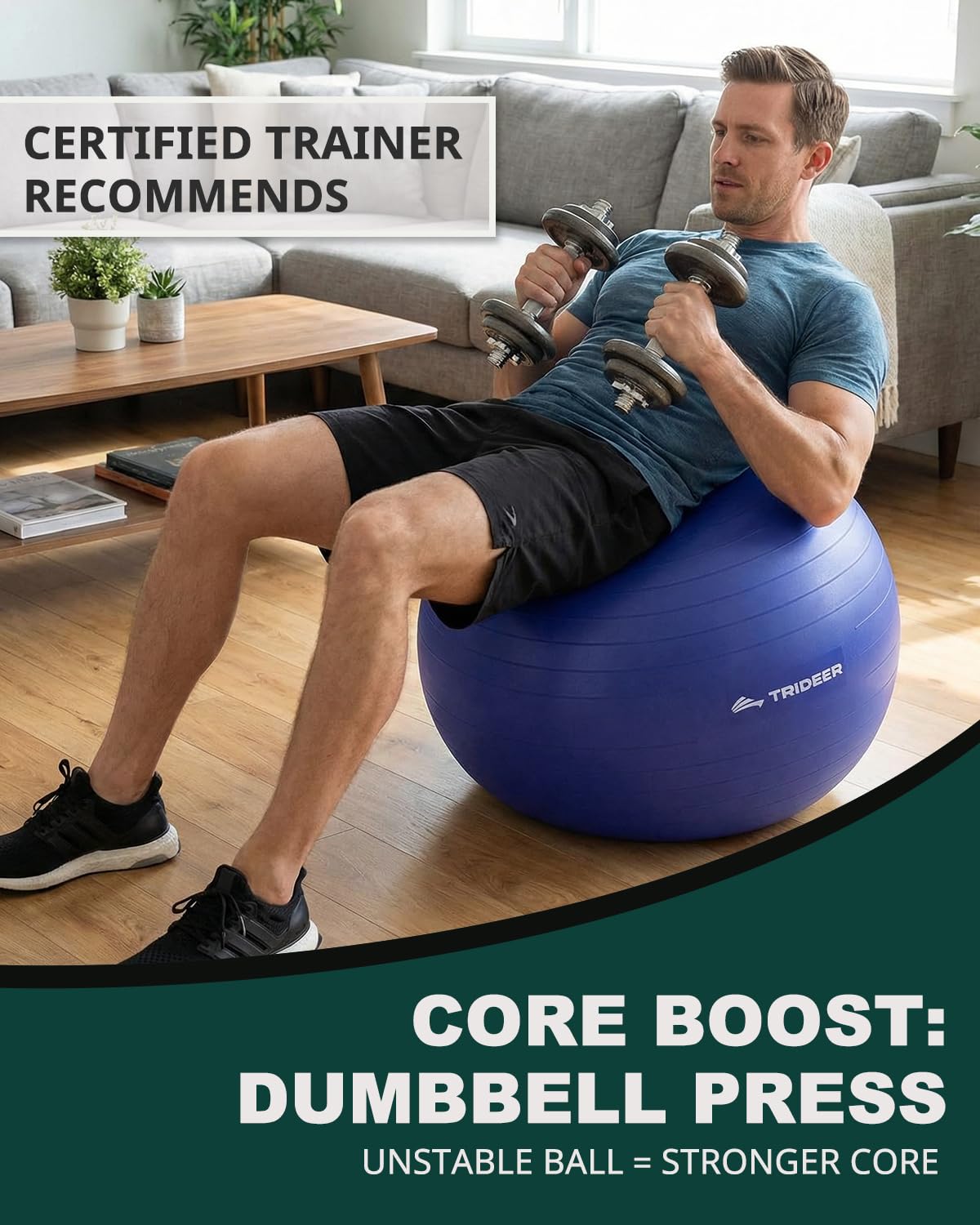 Trideer Exercise Ball for Yoga, Pilates & Fitness – Stability Ball Equipment for Home Gym & Office Chair, Core & Balance Training Accessories, Physical Therapy Equipment, Quick Pump Included, 5 Sizes