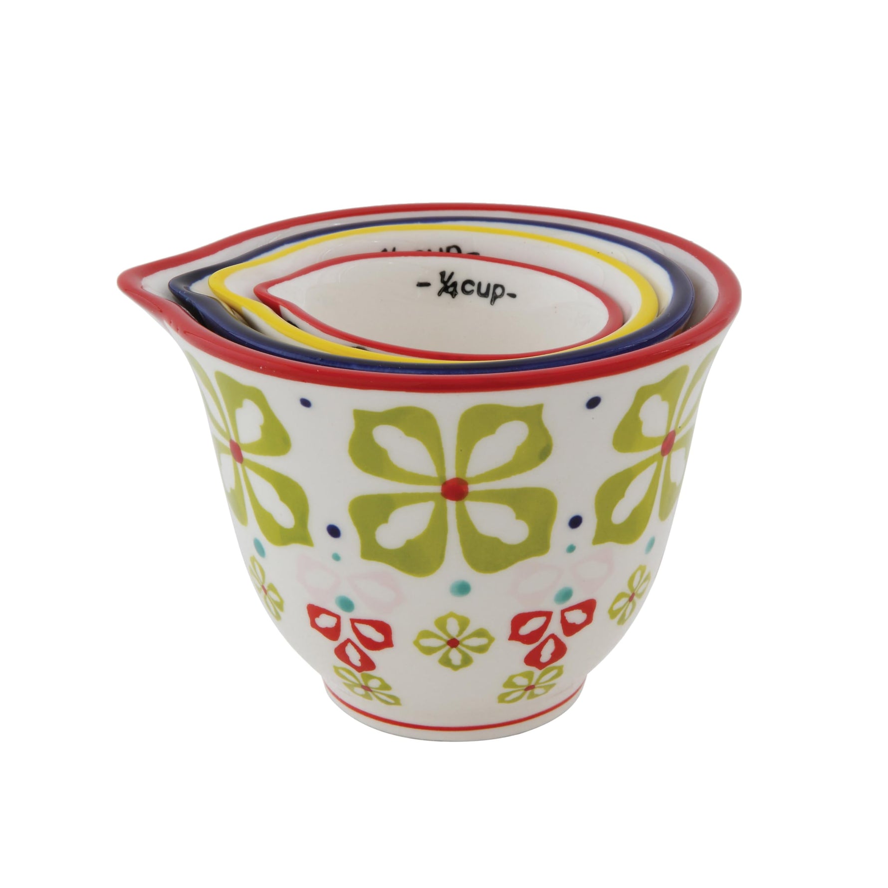 Creative Co-Op Floral Hand Stamped Stoneware Measuring Cups (Set of 4 Sizes/Designs)