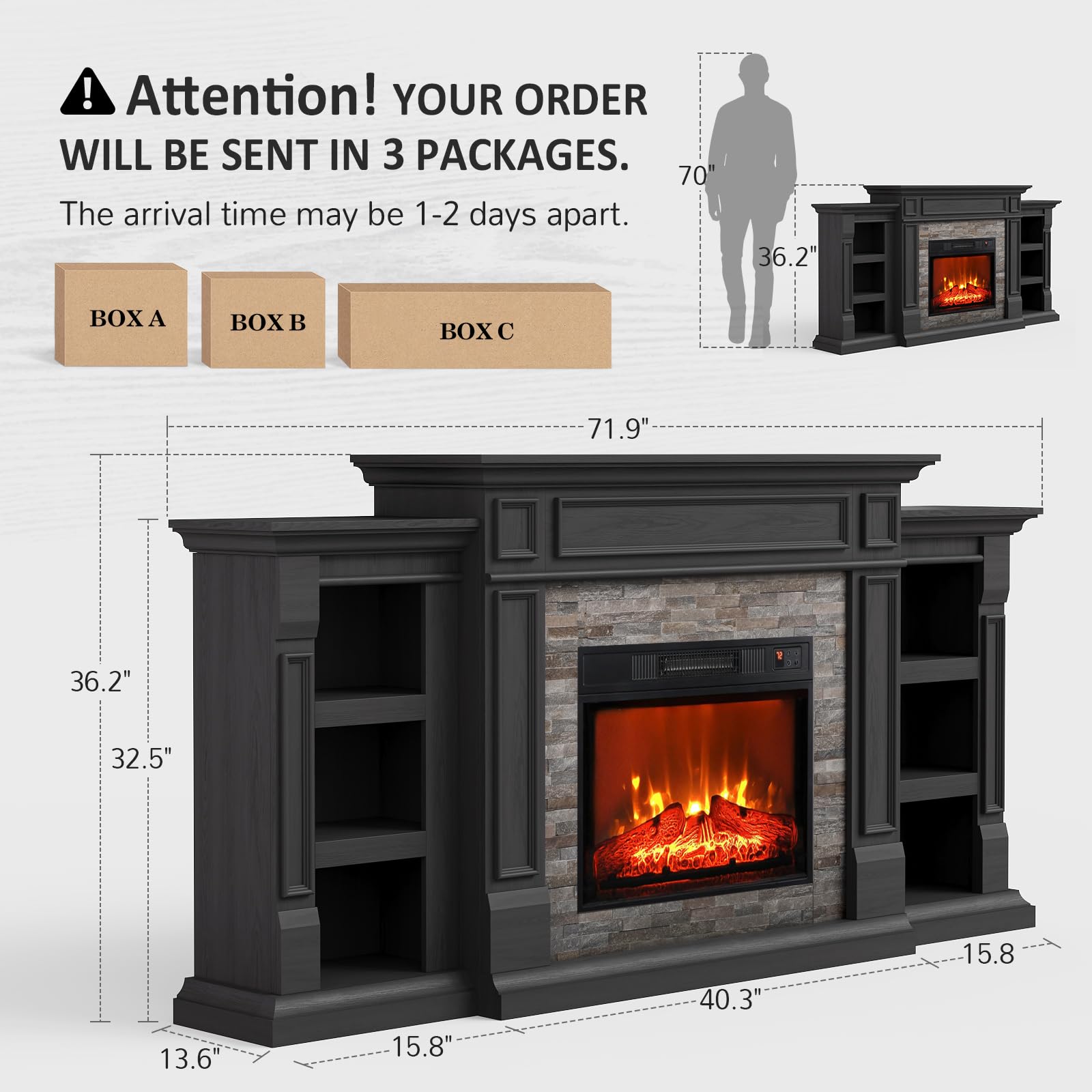 Naice 72" Electric Fireplace with Mantel and Cabinets, Fireplace TV Stand for Living Room Bedroom, Stacked Stone Surround and Remote Control 3D Realistic Flame, Black