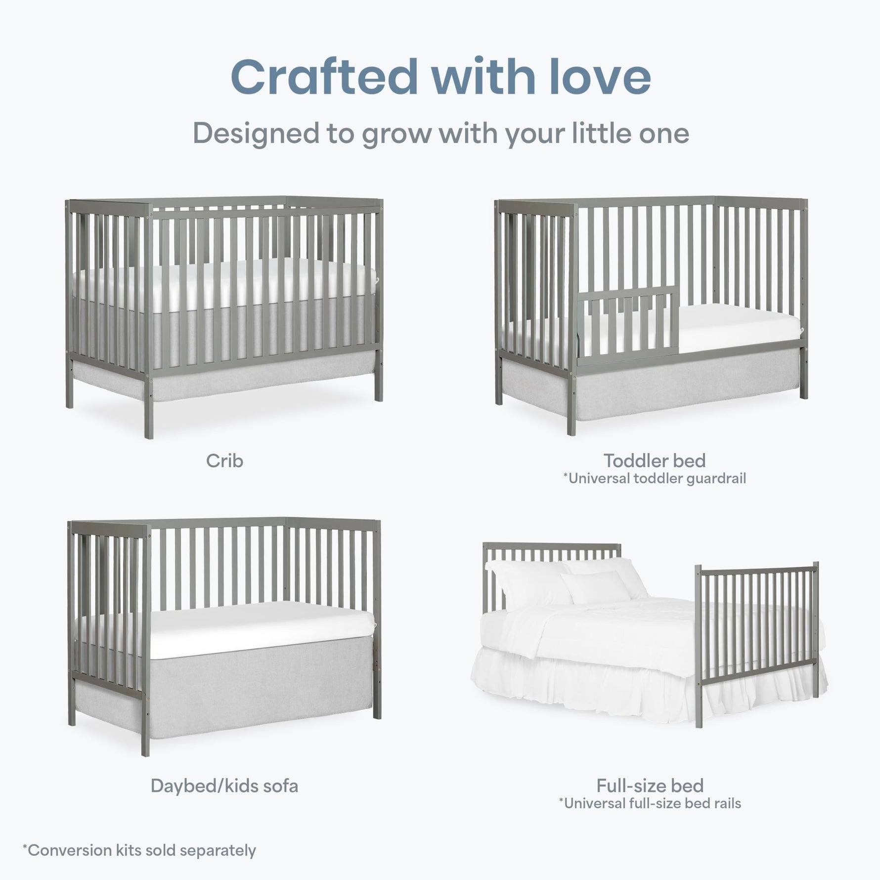 Dream On Me Synergy 5-in-1 Convertible Full-Size Baby Crib with Toddler, Day & Full Bed Conversion in White, GreenGuard Gold & BSA, 3 Mattress Heights, Sustainable Pinewood