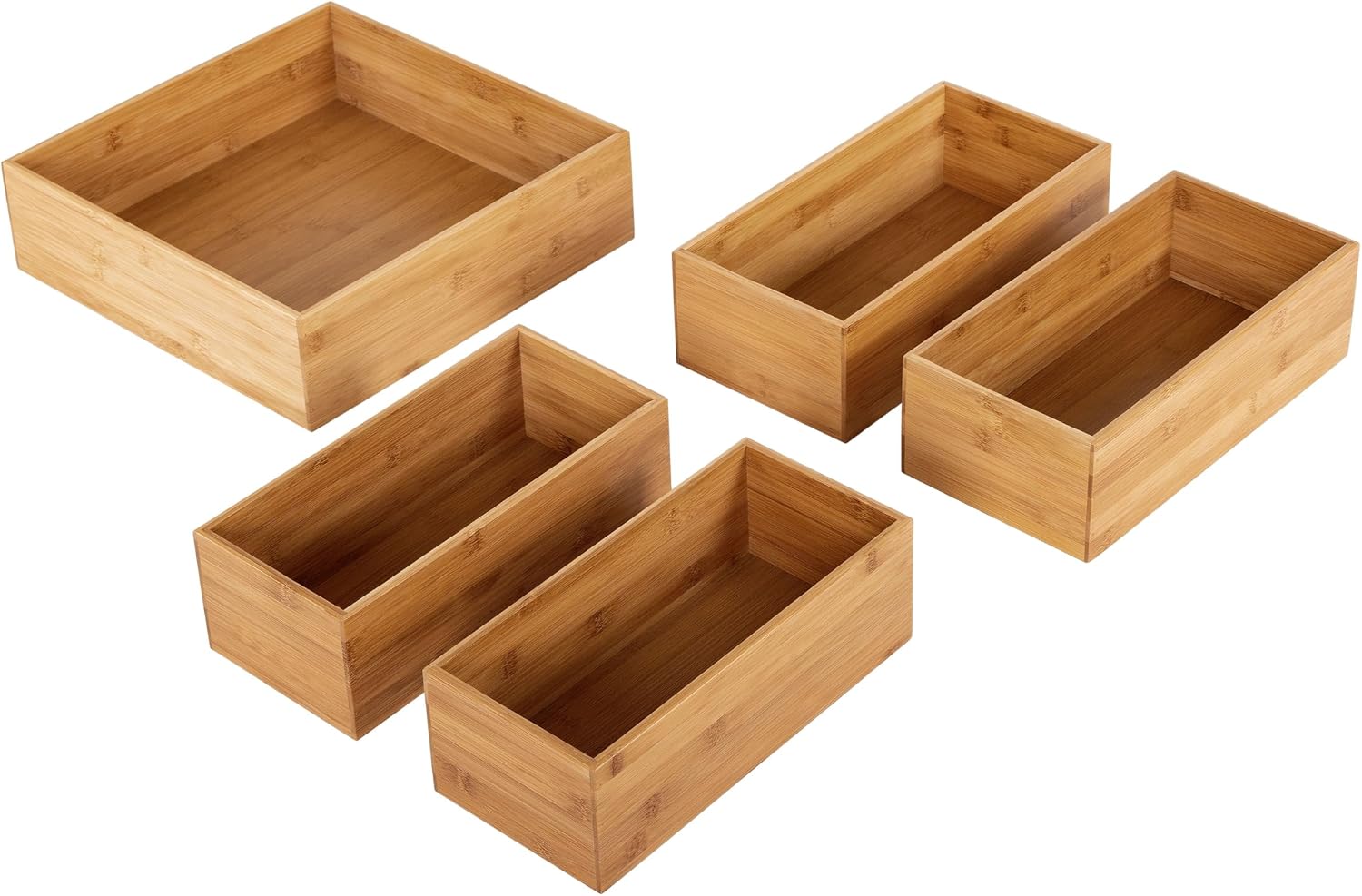 Seville Classics Bamboo Wood Storage Bins Organizer Boxes for Kitchen Counter, Pantry, Closet, Office Bedroom, Makeup, Bathroom, Nursery, K Cup, 5 Piece 3-Size (1 XL, 2L, 2M) Shelf Bin Set, Bamboo