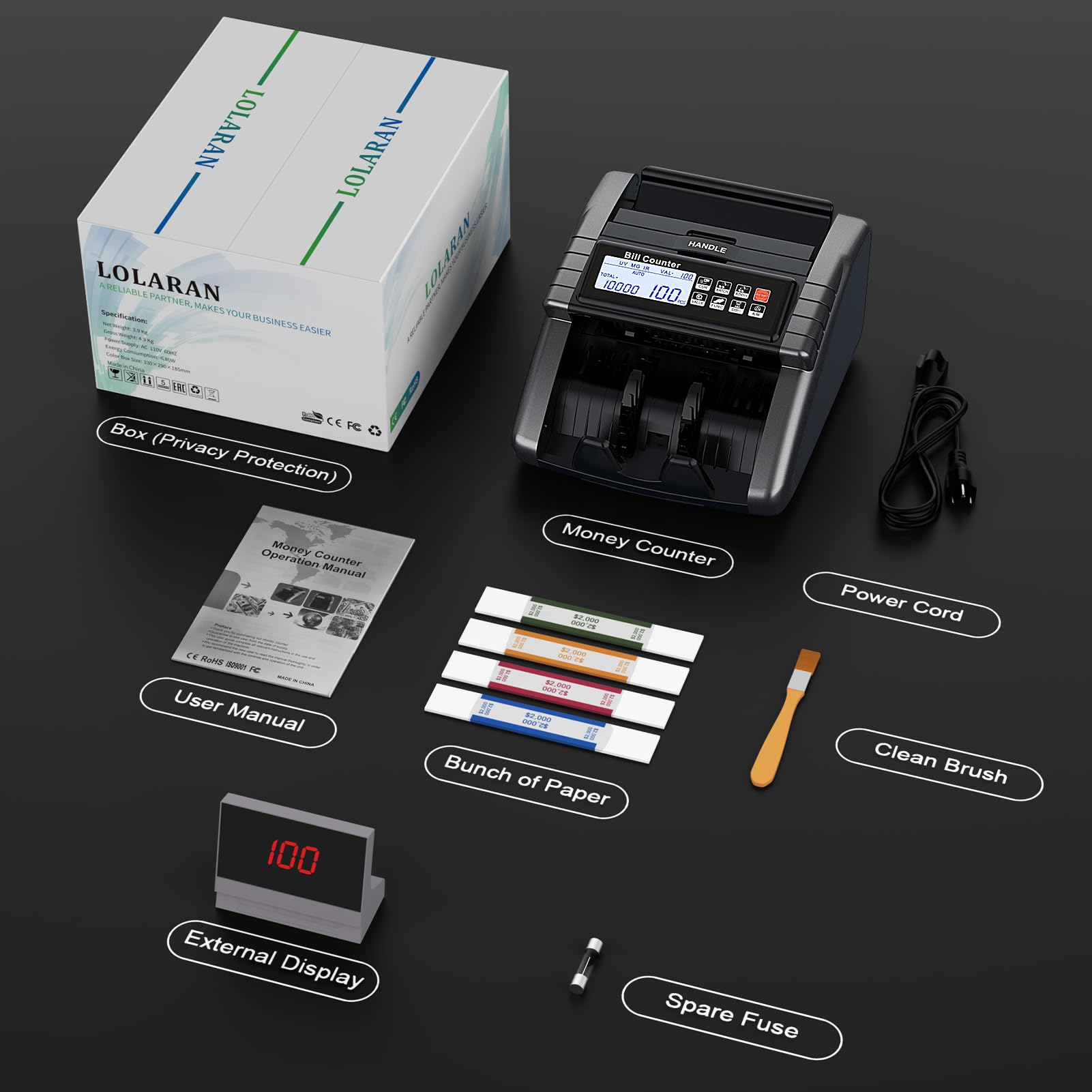 LOLARAN AL1000 Money Counter Machine with Value Counting, Support Dollar and Euro, UV, MG, MT, IR, DD Counterfeit Detection, Cash Counter with LCD Display, Batch and Add, 1,000 Notes/Min