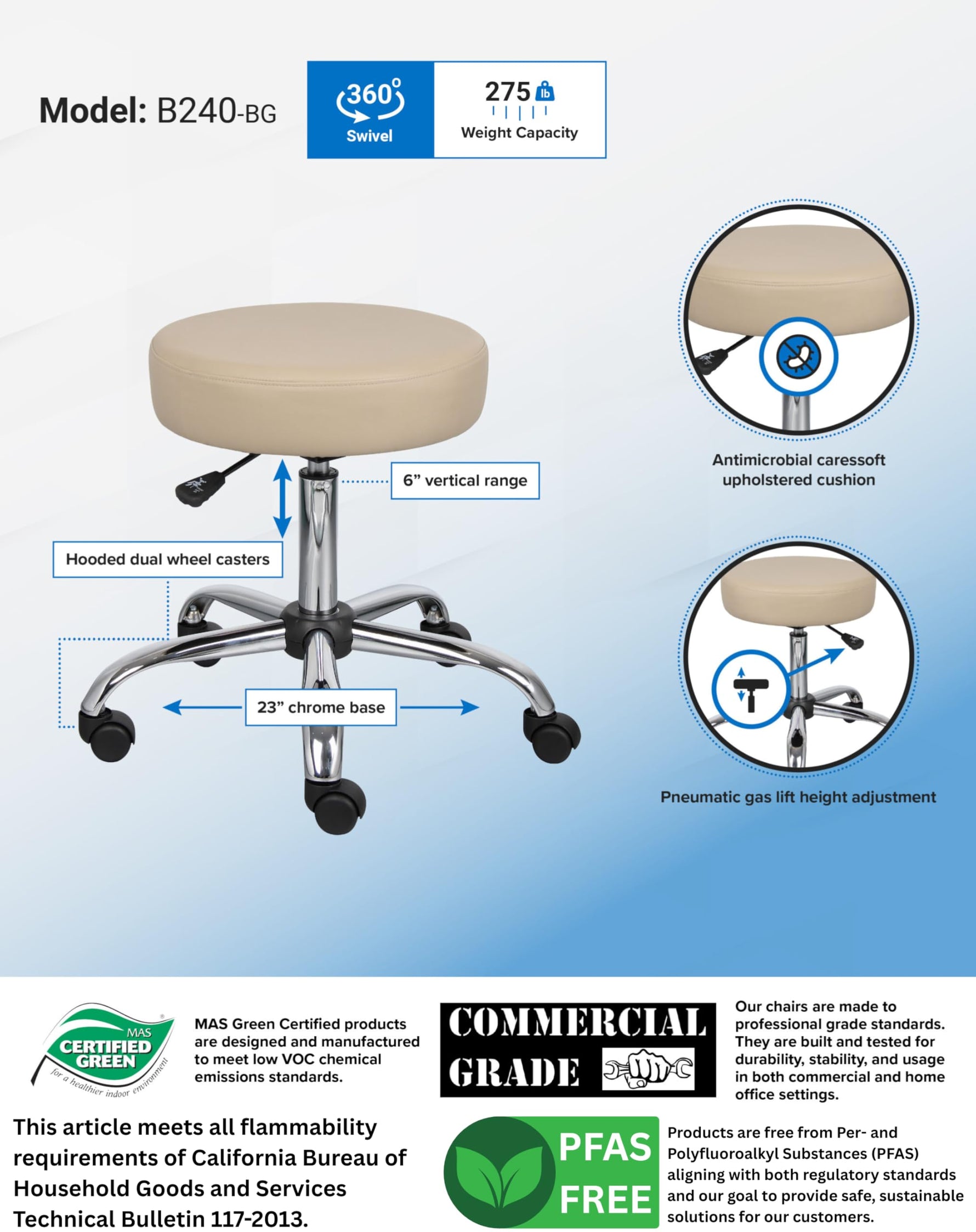 Boss Office Products Antimicrobial Vinyl Medical Spa Stool in Black