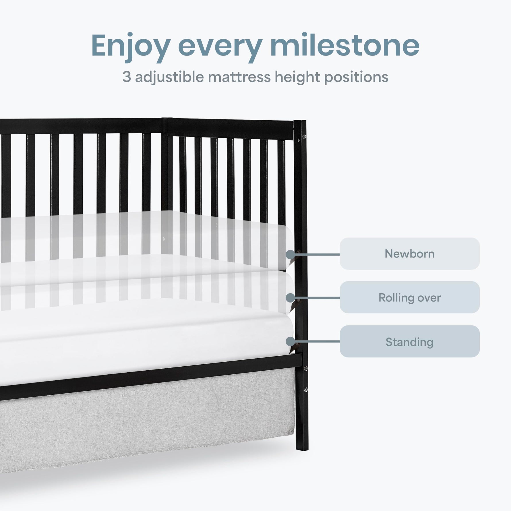 Dream On Me Synergy 5-in-1 Convertible Full-Size Baby Crib with Toddler, Day & Full Bed Conversion in White, GreenGuard Gold & BSA, 3 Mattress Heights, Sustainable Pinewood