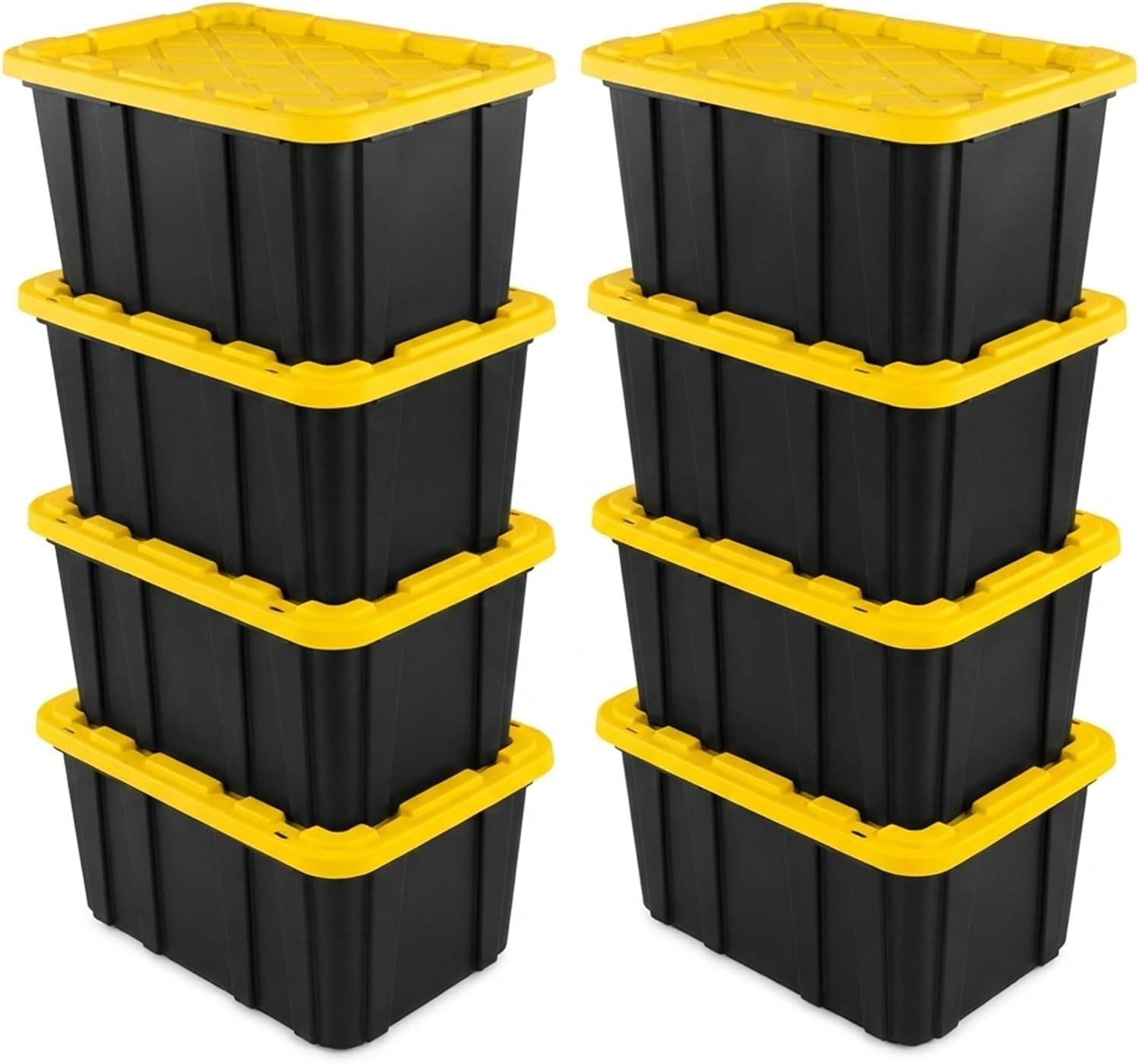 Sterilite Industrial Storage Tote with Lids for Garage, 27 Gallon, 4-Pack | Heavy-Duty and Stackable Utility Box Containers for Home, Office, and Basement Organization, Black/Yellow