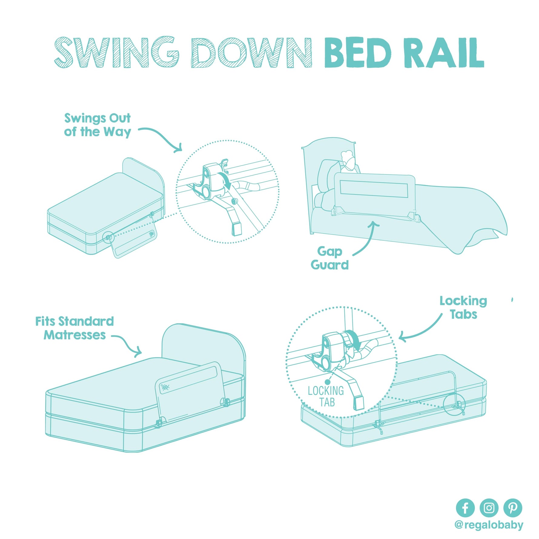 Regalo Safety 54” Extra Long Bed Rail Guard for Toddlers, Swing Down Toddler Bed Rail with Reinforced Anchor Safety System, 20” Tall Bed Safety Rail, Fits Twin, Full & Queen Beds