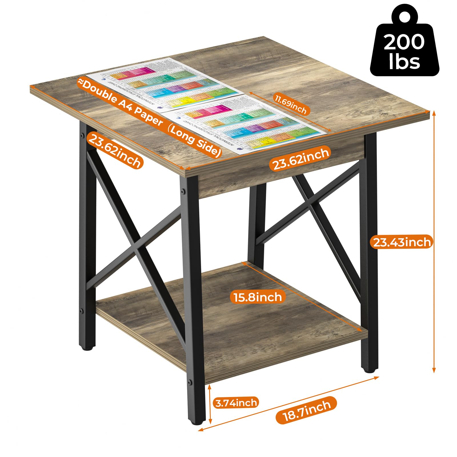 GreenForest End Table 24 inch for Living Room, Large Square Side Tables with X-Frame, Tall Industrial Bedside Nightstand with 2-Tier Storage, Rustic Walnut