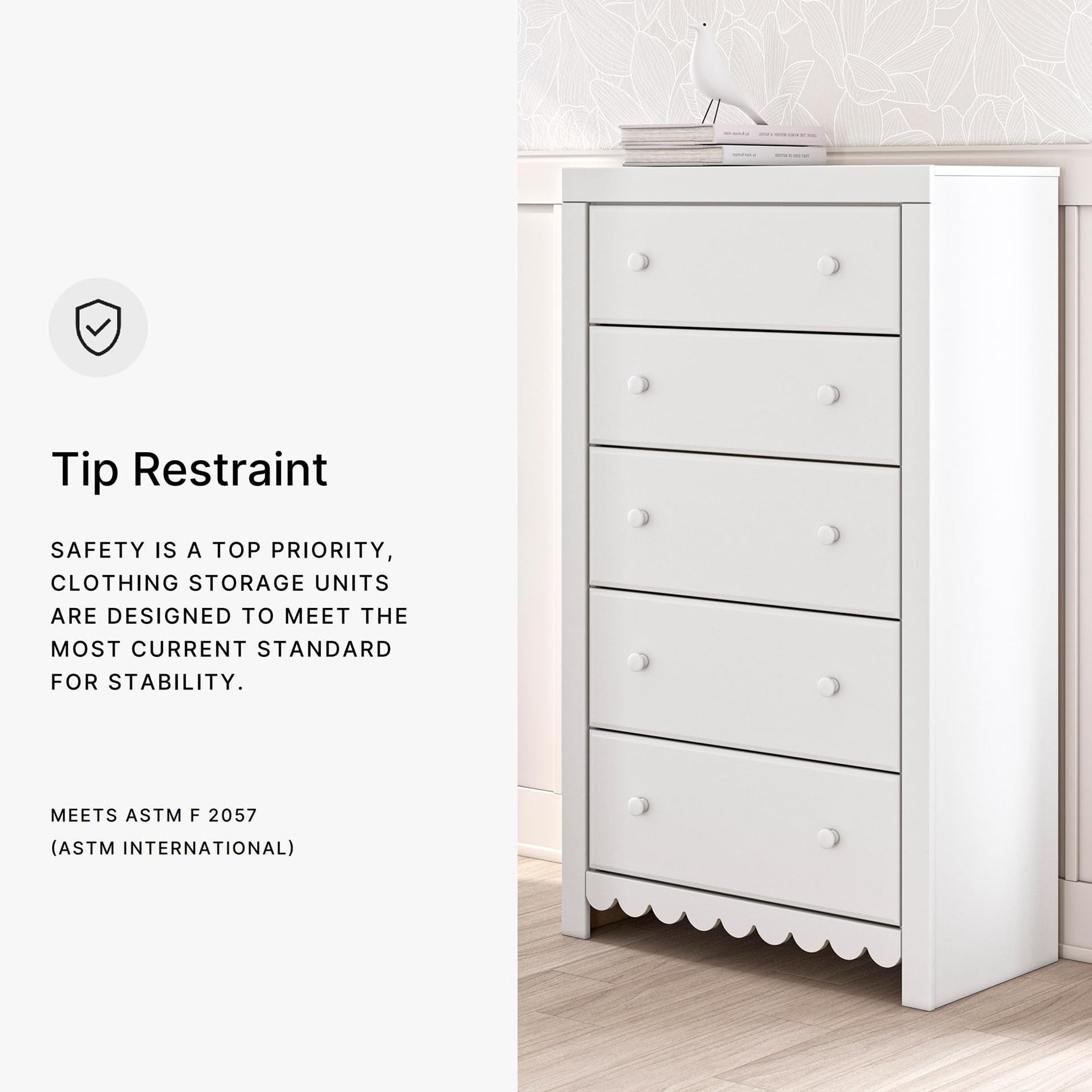 Signature Design by Ashley Cayboni Vintage 5 Drawer Wide Chest with Safety Stop for Bedroom, White