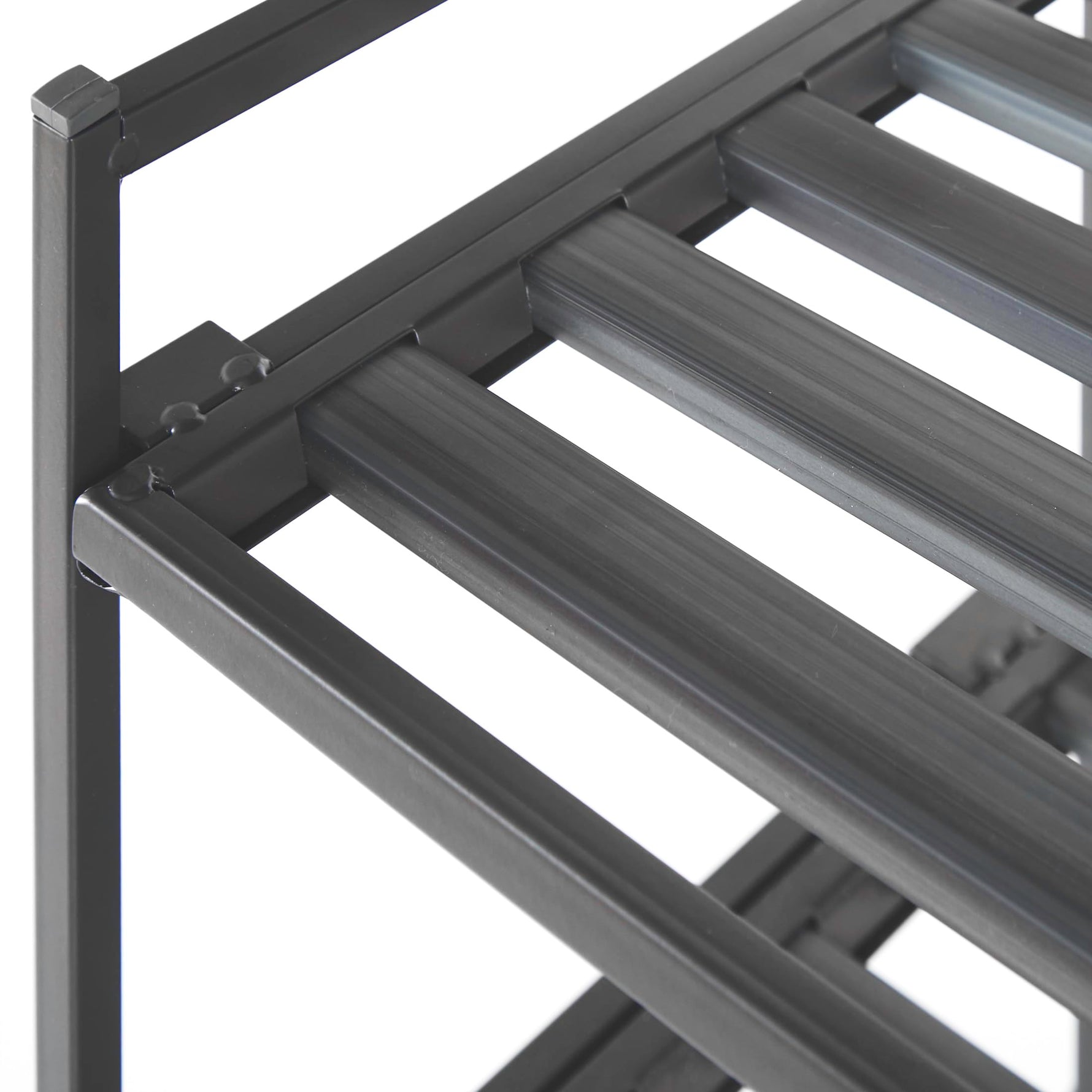 3-Tier Stackable 1" Slat Steel Frame Shoe Rack, 27.25"W x 12.75"D, Espresso | Interlocking modular design maximizes storage while the sturdy steel frame holds up to 12 pairs of shoes (Patented Design)