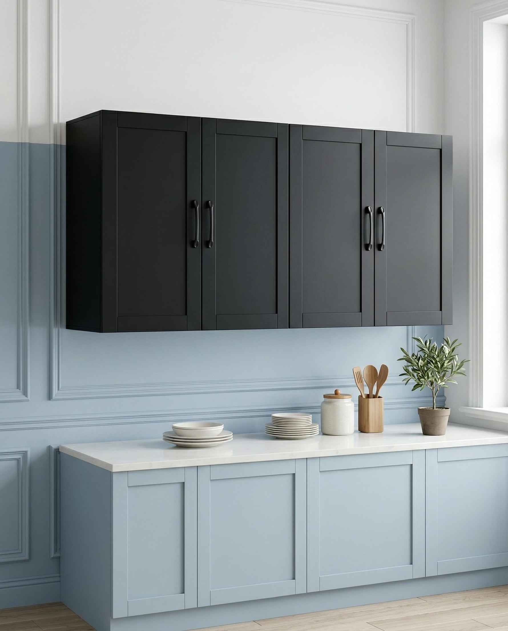 Wall Cabinet with Adjustable Shelves, Laundry Room Cabinet with 4 Doors, Kitchen Storage Cupboard Cabinet, Wall Mount Medicine Cabinet for Bathroom, Living Room, White