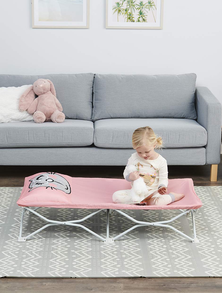 Regalo My Cot® Pals Portable Toddler Bed with Fitted Sheet & Pillow, Foldable Kids Travel Bed & Camping Cot, Cat Design, Ages 2–5, 46.5” x 24” x 9.5”, Pink