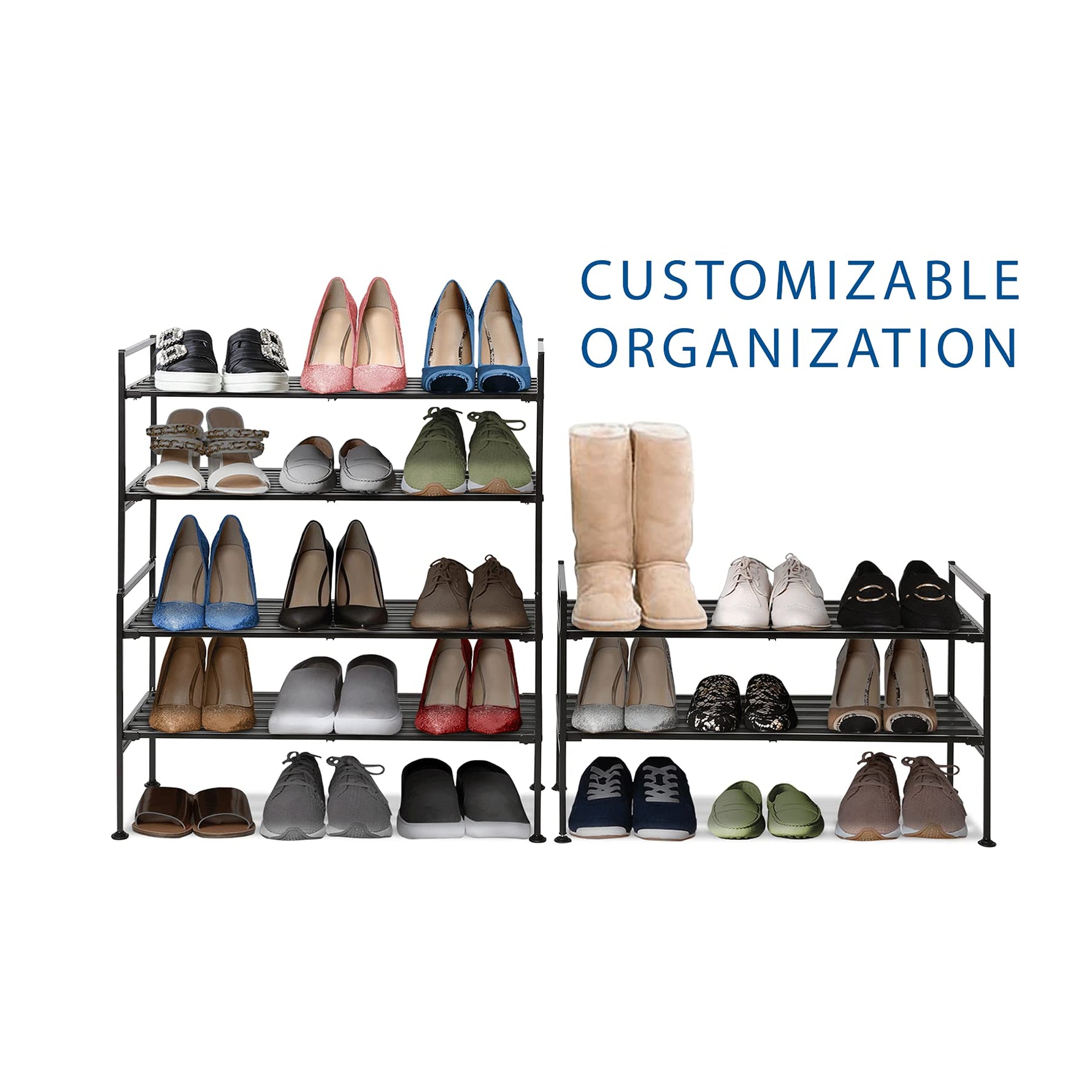 3-Tier Stackable 1" Slat Steel Frame Shoe Rack, 27.25"W x 12.75"D, Espresso | Interlocking modular design maximizes storage while the sturdy steel frame holds up to 12 pairs of shoes (Patented Design)