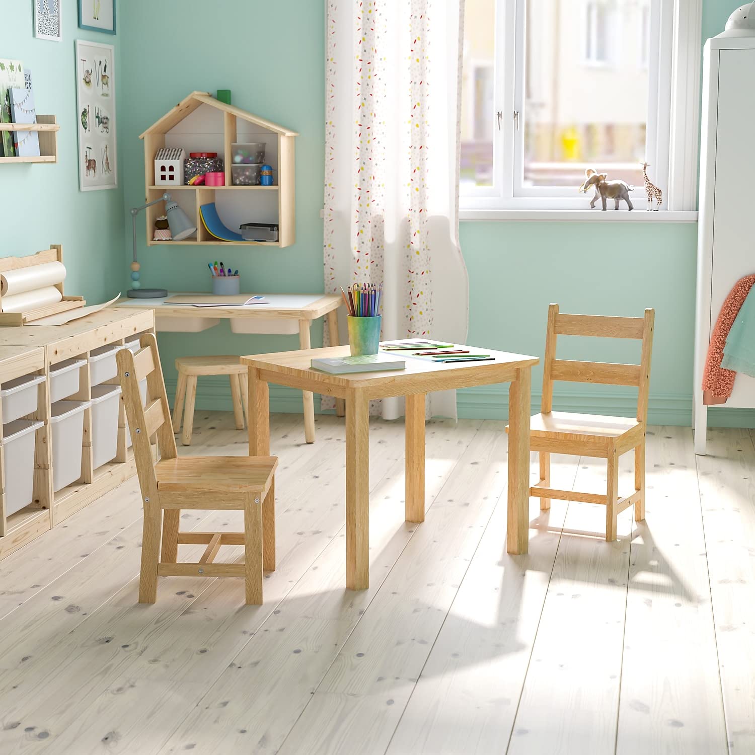 Flash Furniture Kyndl Kids Solid Hardwood Table and Chair Set for Playroom, Bedroom, Kitchen - 3 Piece Set - Natural