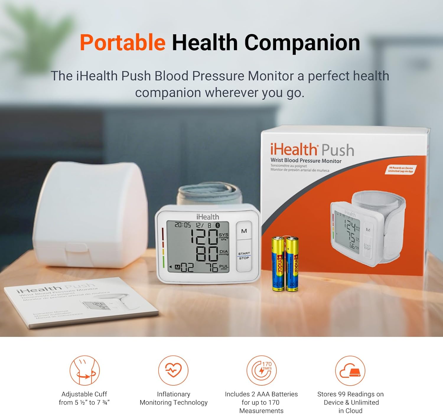 iHealth Push Wrist Blood Pressure Monitor, Bluetooth Smart BP Machine with App, Clinically Validated, Large Digital Display & Travel Case, High Accuracy for Home Use, Cuff Fits 5.5"-7.75"