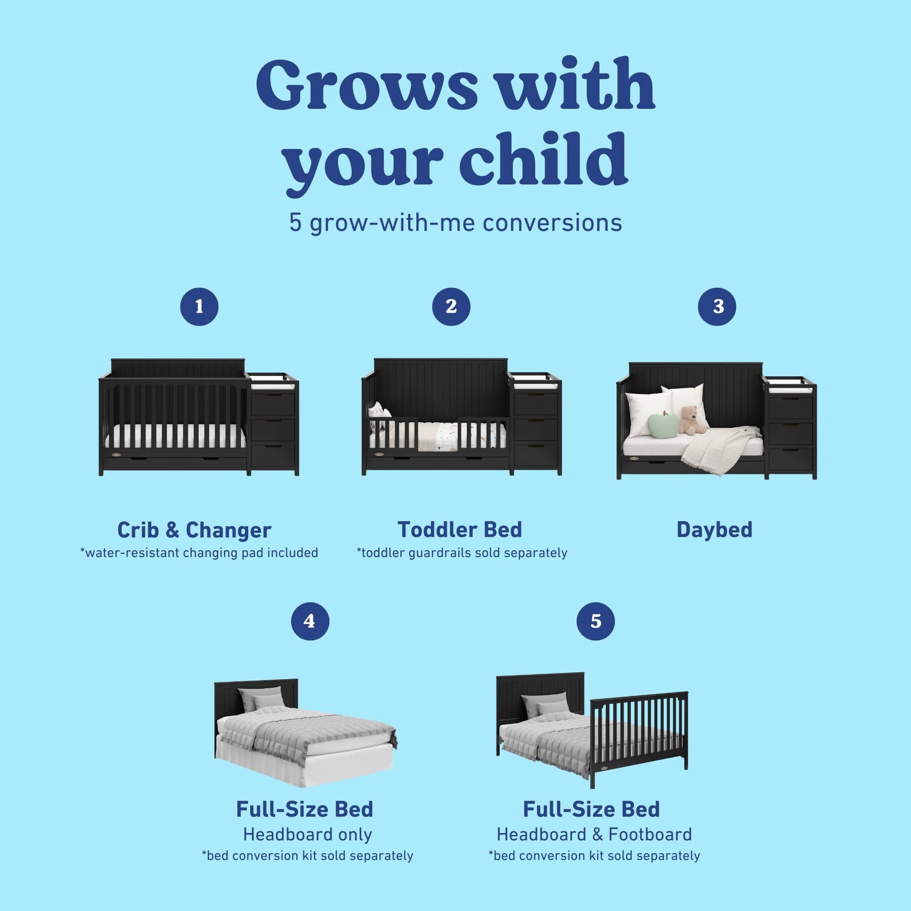 Graco Hadley 5-in-1 Convertible Crib with Drawer – GREENGUARD Gold Certified, Fits Standard Crib Mattress, Converts to Toddler Bed, Daybed and Full Bed, 4 Adjustable Mattress Heights (White)