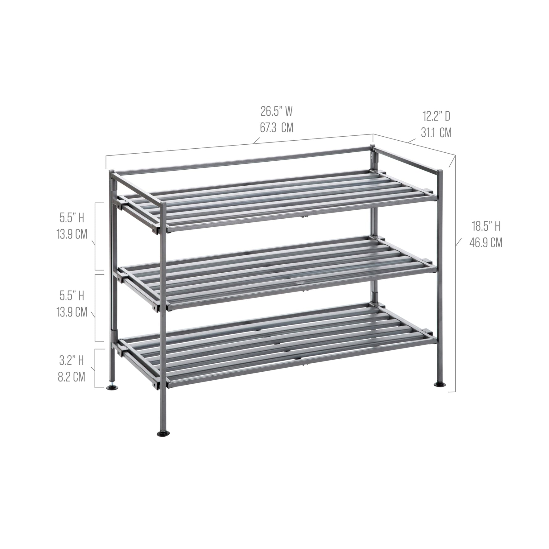 3-Tier Stackable 1" Slat Steel Frame Shoe Rack, 27.25"W x 12.75"D, Espresso | Interlocking modular design maximizes storage while the sturdy steel frame holds up to 12 pairs of shoes (Patented Design)