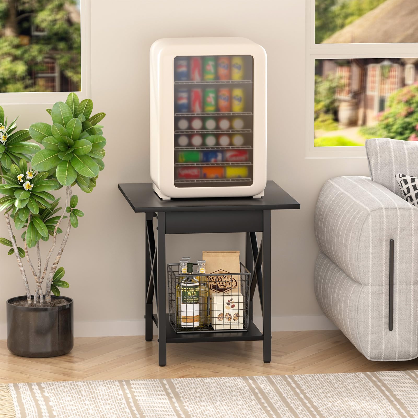 GreenForest End Table 24 inch for Living Room, Large Square Side Tables with X-Frame, Tall Industrial Bedside Nightstand with 2-Tier Storage, Rustic Walnut
